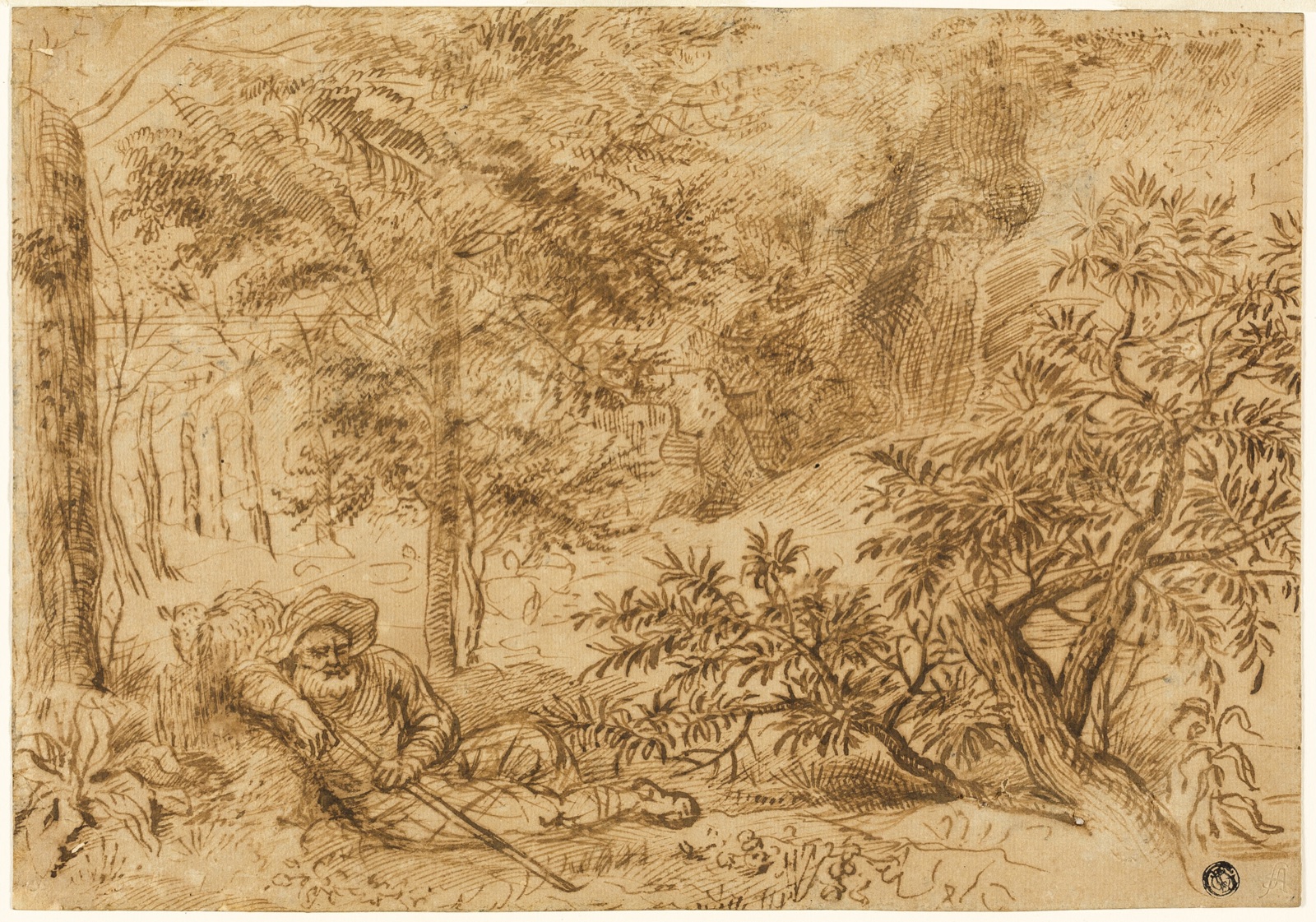 Landscape with Shepherd Sleeping under Tree — Attributed to or a follower of Jan Andrea Lievens (Dutch, 1607-1674); or possibly Lambert Lombard (Flemish, 1506-1566)