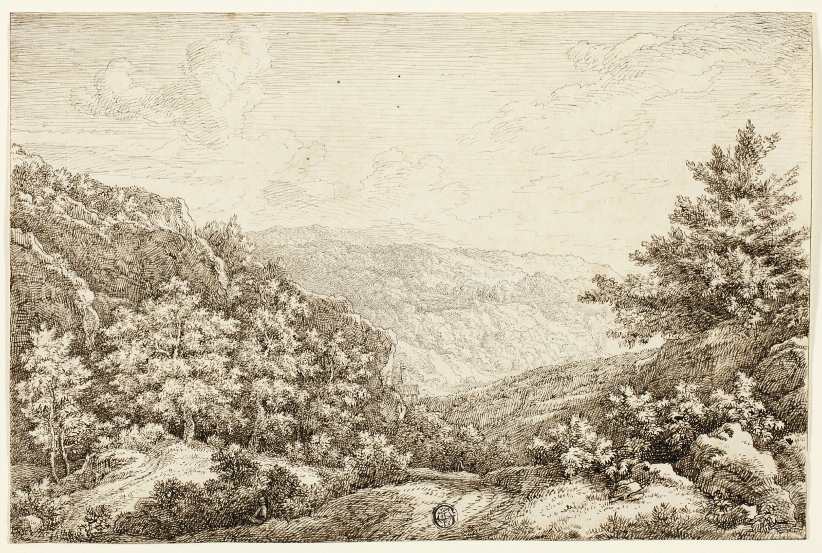 Landscape with Wooded Hills, Seated Figure — Nicolaes Emmanuel Perij; Flemish, born 1736