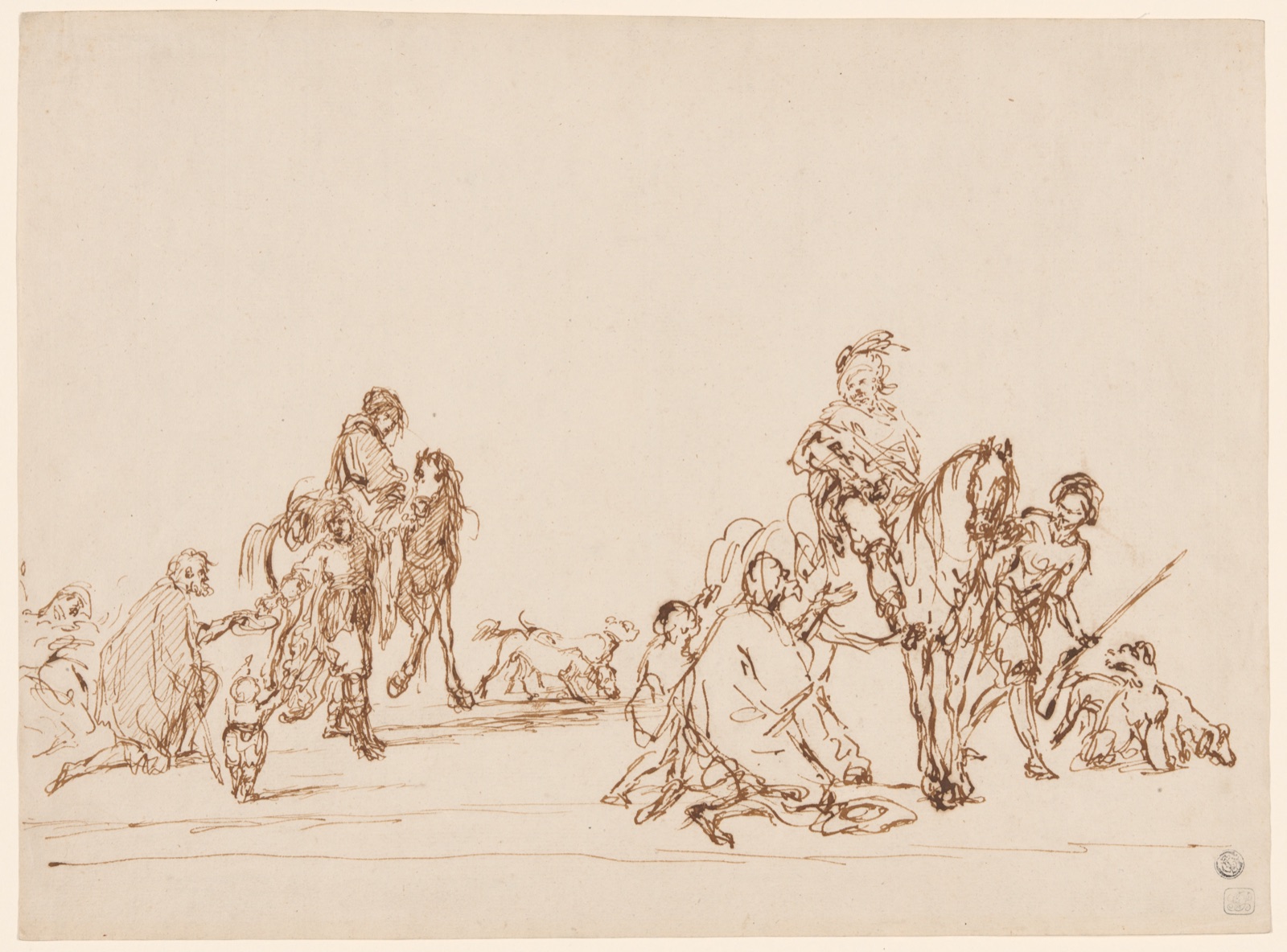 Hunters Giving Alms to Beggars — Attributed to Carel van Falens; Flemish, 1683-1733