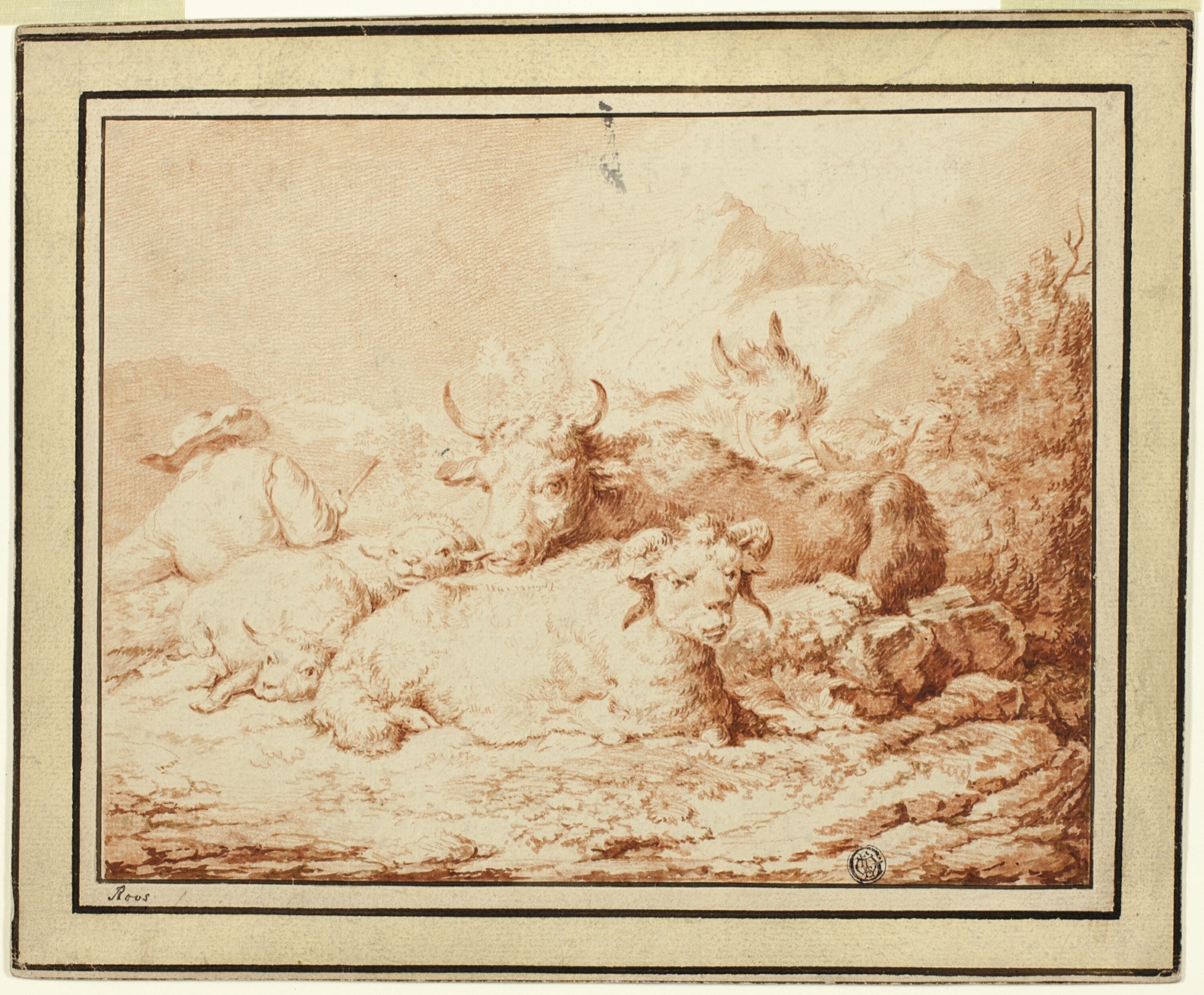 Cattle and Sheep with Herdsman in Rocky Landscape — Johann Heinrich Roos; German, 1631-1685