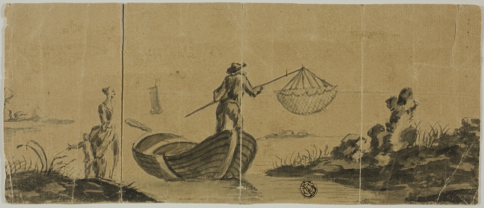 Chinoiserie with Man Fishing from Boat, Woman and Child Standing on Shore — After Claude-Joseph Vernet; French, 1714-1789