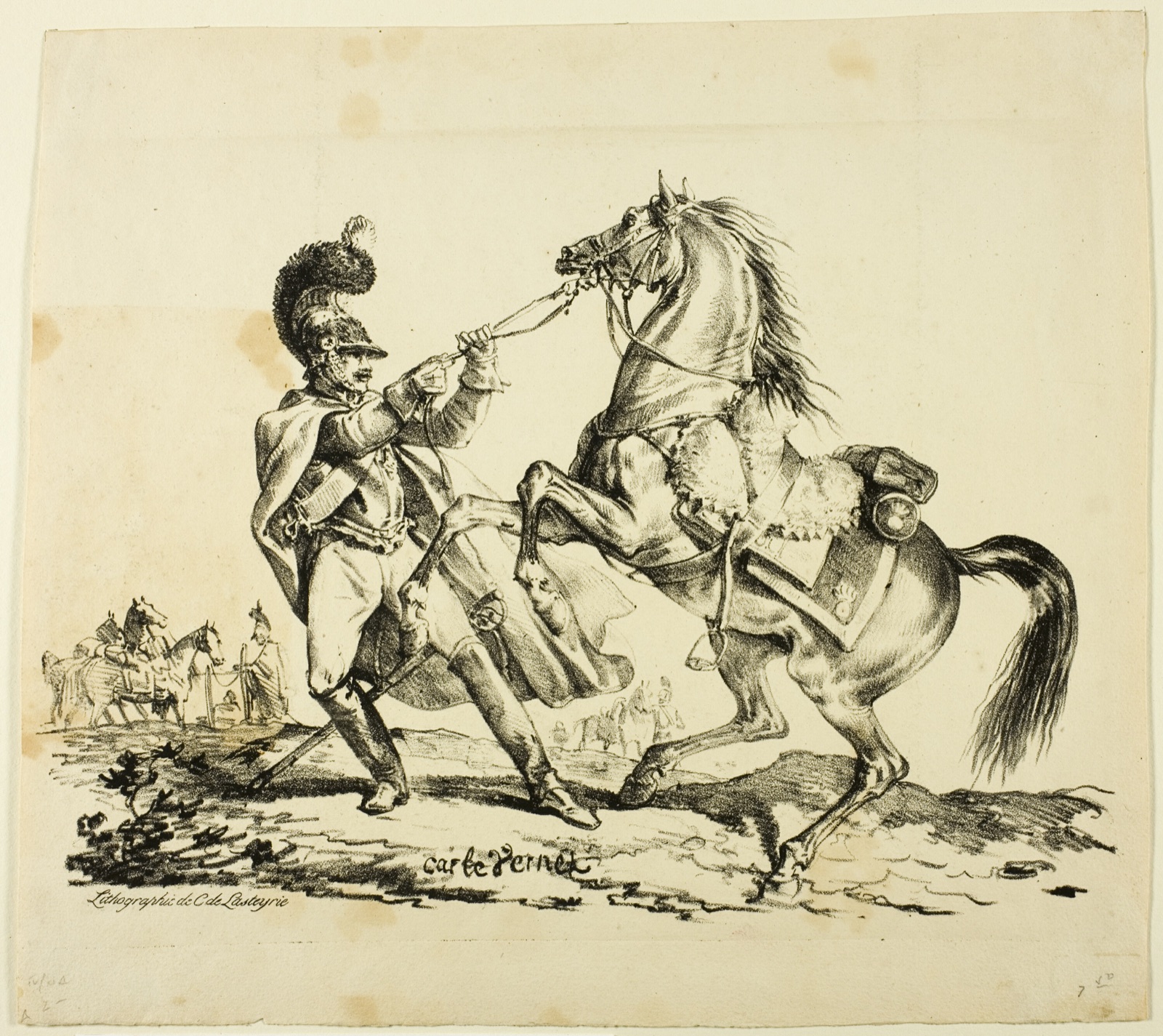 Cuirassier on Foot Restraining His Rearing Horse — Carle Vernet (French, 1758-1836); printed by Comte Charles Philibert De Lasteyrie (French, 1759-1849)