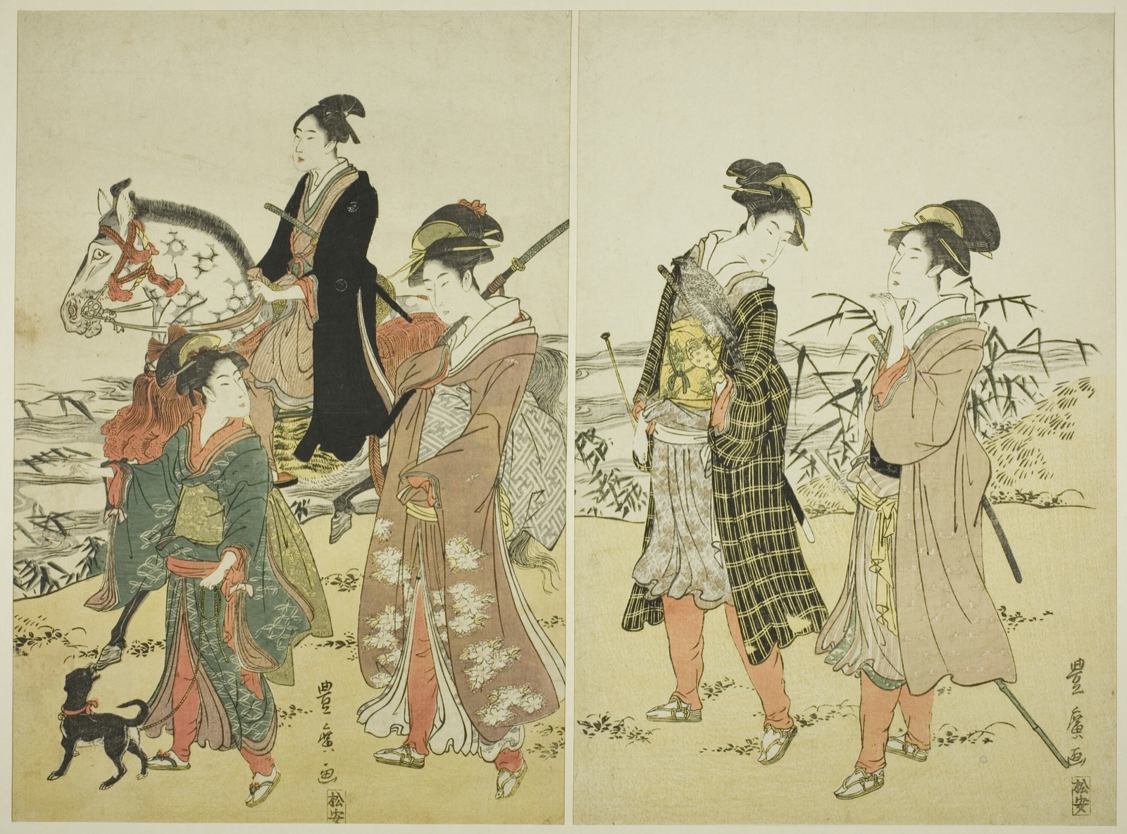 Party of falconers near river — Utagawa Toyohiro; Japanese, 1773-1828