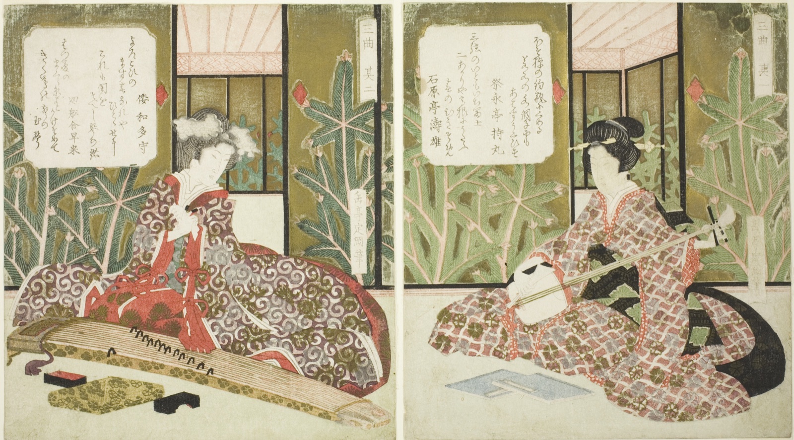 No. 2 (Sono ni), from the triptych "Three Musical Instruments (Sankyoku)" — Yashima Gakutei; Japanese, 1786 (?)-1868