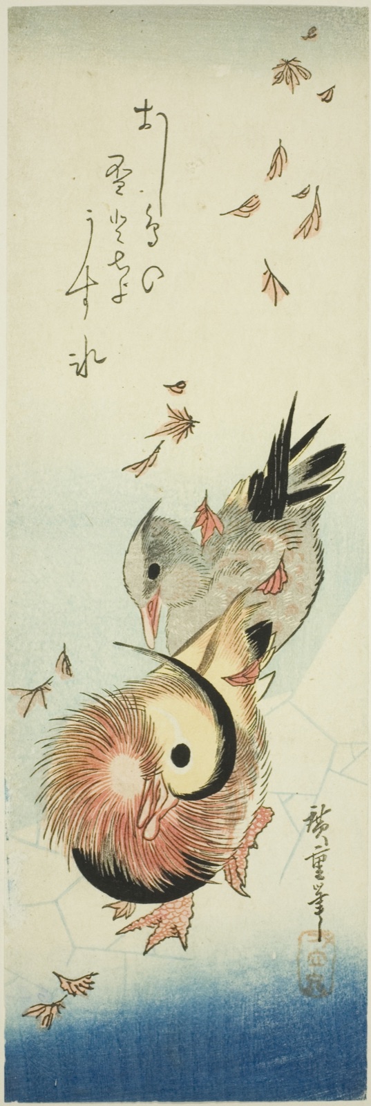 Mandarin ducks crossing icy pond amid falling leaves — Utagawa Hiroshige 歌川 広重; Japanese, 1797-1858