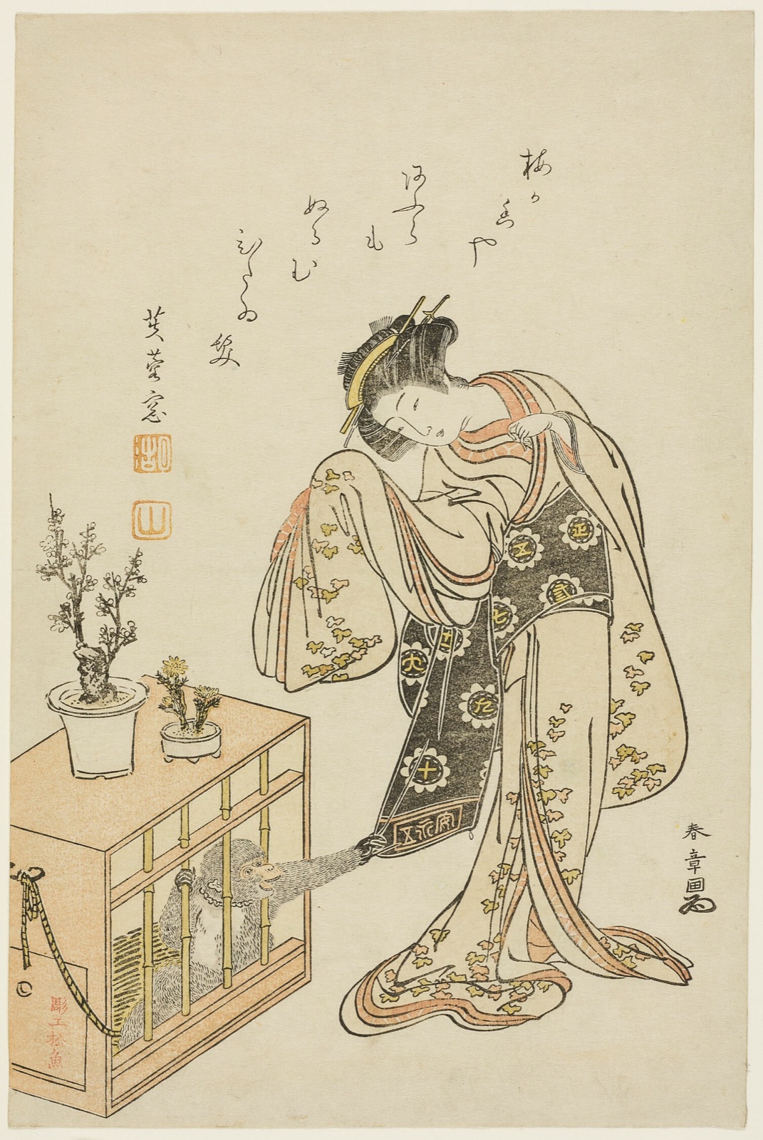 Young Woman with a Caged Monkey (Calendar Print for New Year 1776) — Katsukawa Shunsho 勝川 春章; Japanese, 1726-1792
