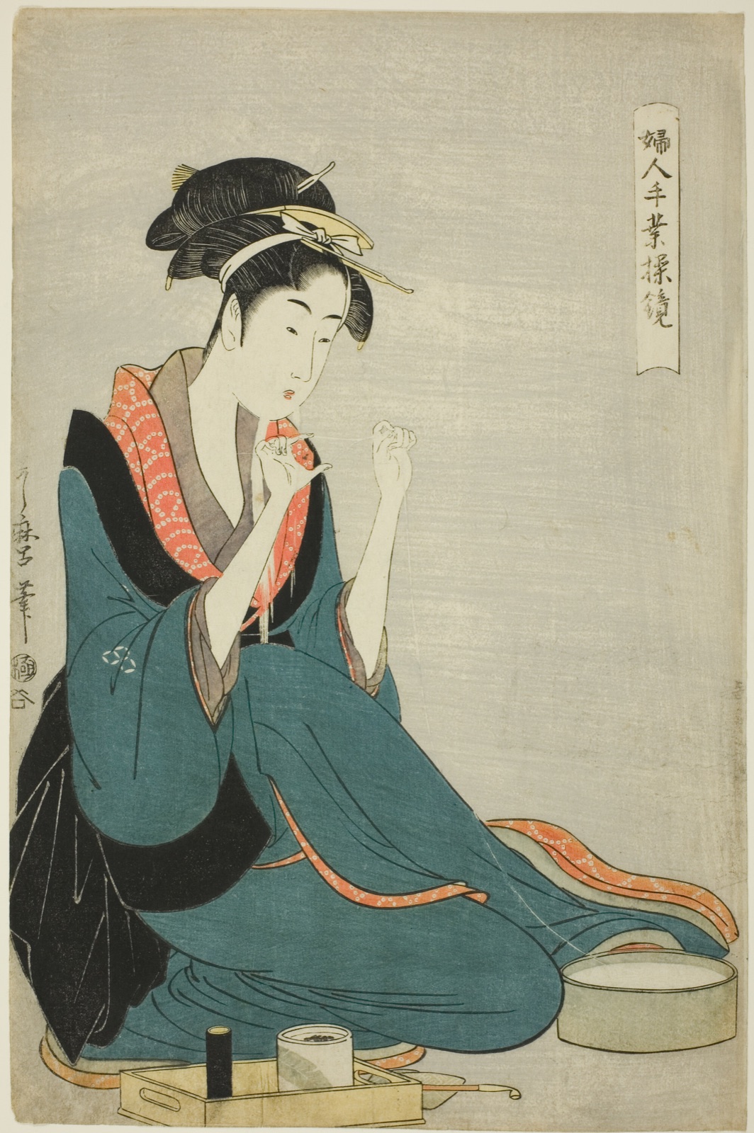 Tying Thread, from the series “Women’s Handicrafts: Models of Dexterity" ("Fujin tewaza ayatsuri kagami") — Kitagawa Utamaro 喜多川 歌麿; Japanese, c.1753-1806