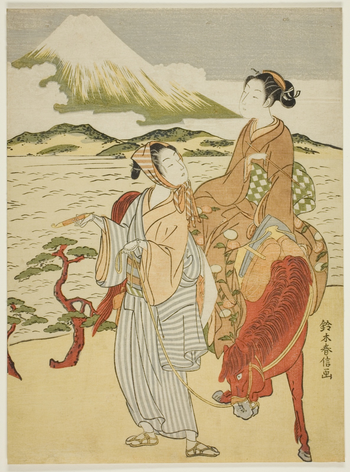 Pausing to admire Mt. Fuji (parody of Ariwara no Narihira's journey to the east) — Suzuki Harunobu 鈴木 春信; Japanese, 1725 (?)-1770