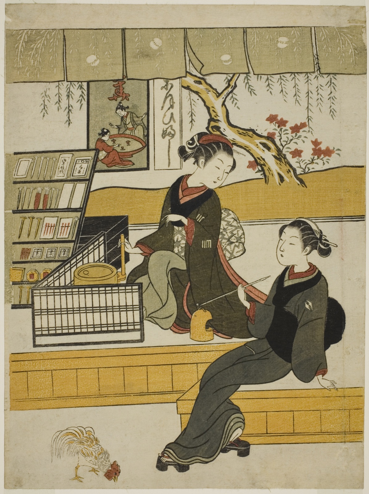 Ofuji, the Shop Girl of the Motoyanagiya, with a Customer — Suzuki Harunobu 鈴木 春信; Japanese, 1725 (?)-1770