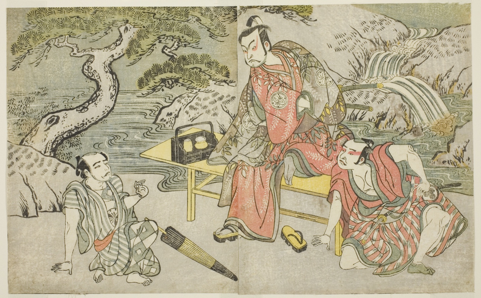The Actors Tomizawa Hanzaburo II as Nagoya Sanzaemon (often called Sanza) (right), Nakamura Juzo II as Fuwa Banzaemon (center), and an Unidentified Actor as the Pickpocket Matsumoto Daishichi (left), in the Play Fuki Kaete Tsuki mo Yoshiwara, Performed at the Morita Theater in the Eleventh Month, 1771 — Katsukawa Shunsho 勝川 春章; Japanese, 1726-1792