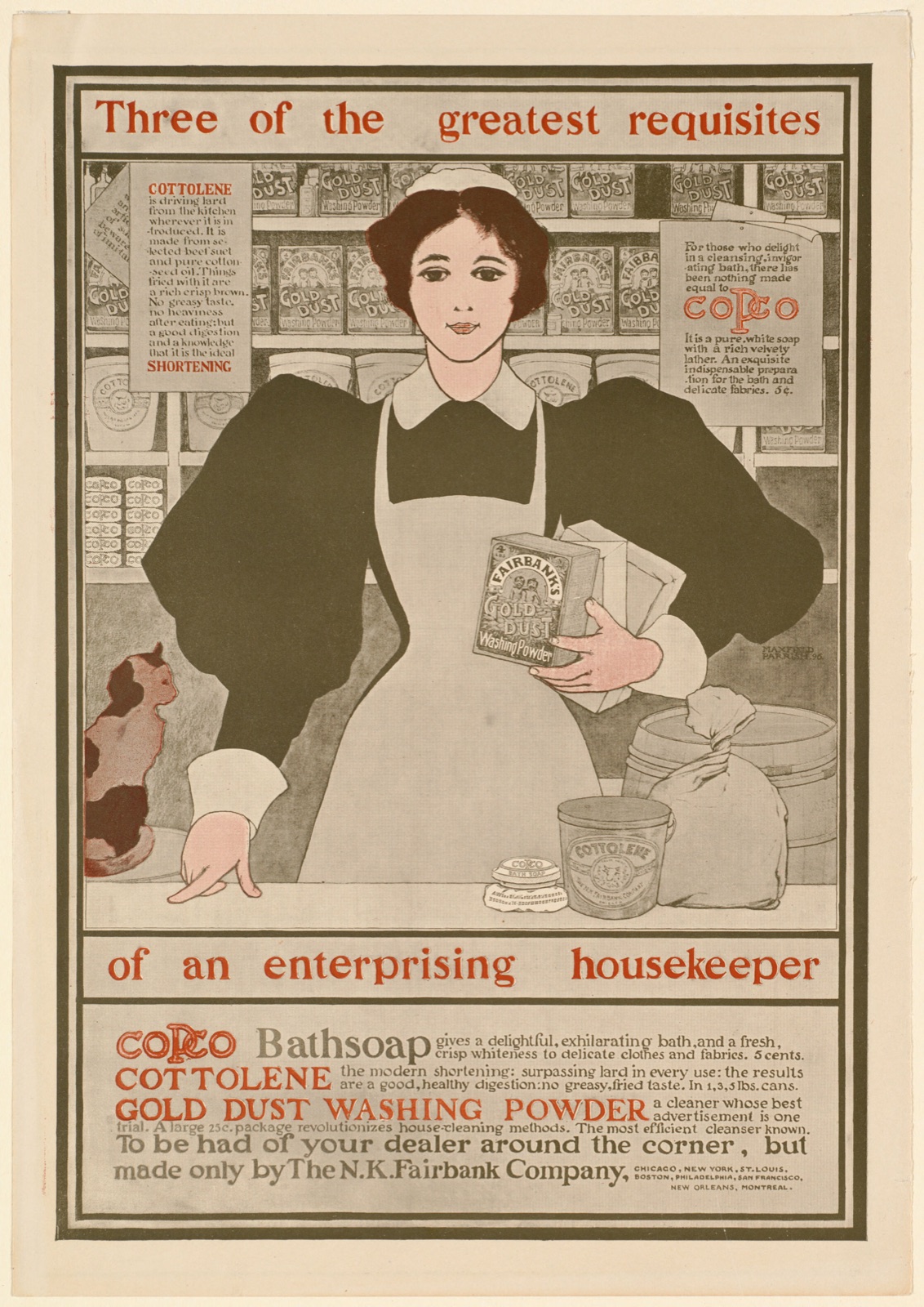 Three of the greatest requisites of an enterprising housekeeper - Copco, Cottolene, Gold Dust washing powder — Parrish, Maxfield, 1870-1966 (Artist)