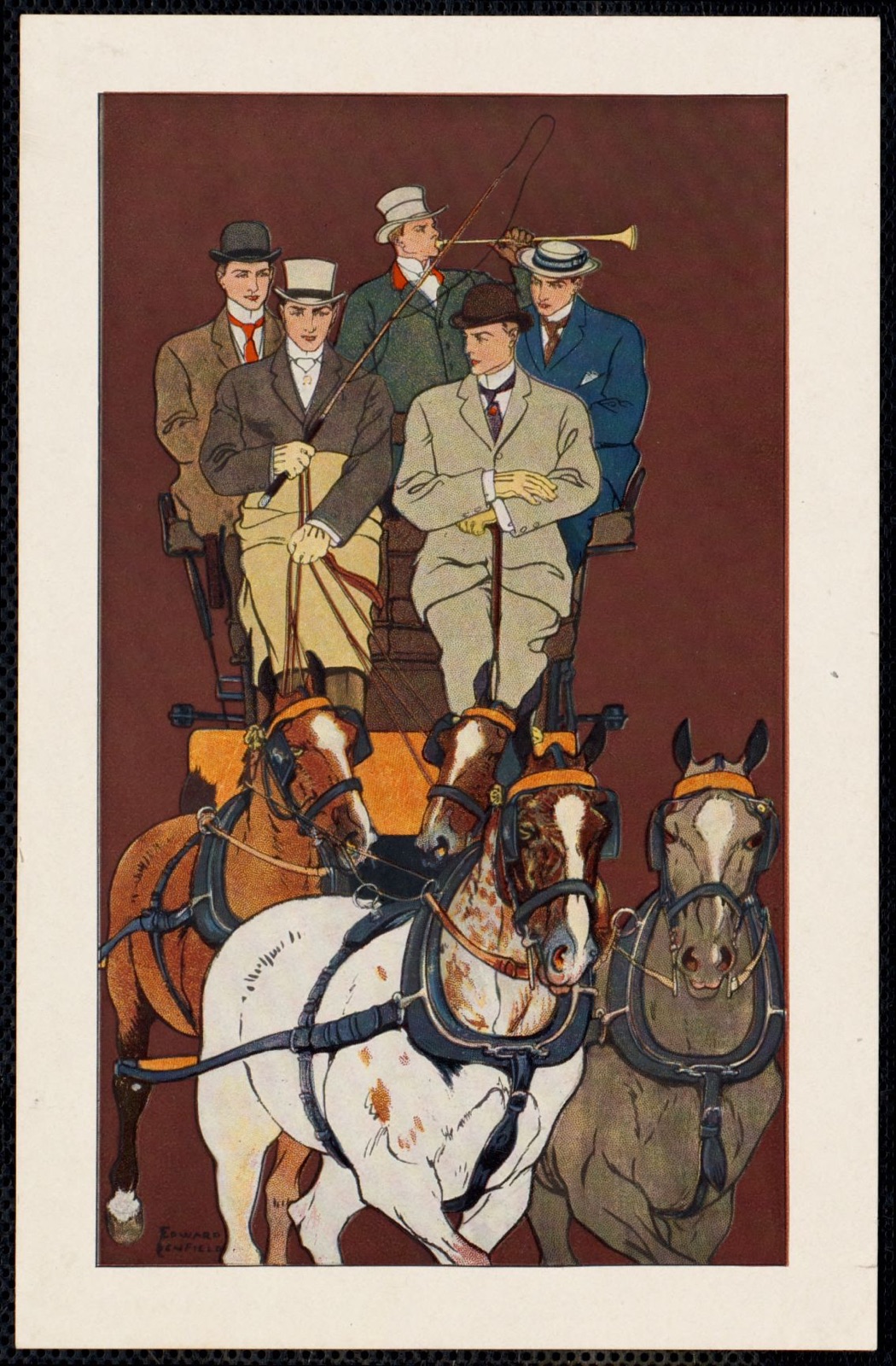 Five men riding in a carriage drawn by four horses — Penfield, Edward, 1866-1925 (Artist)