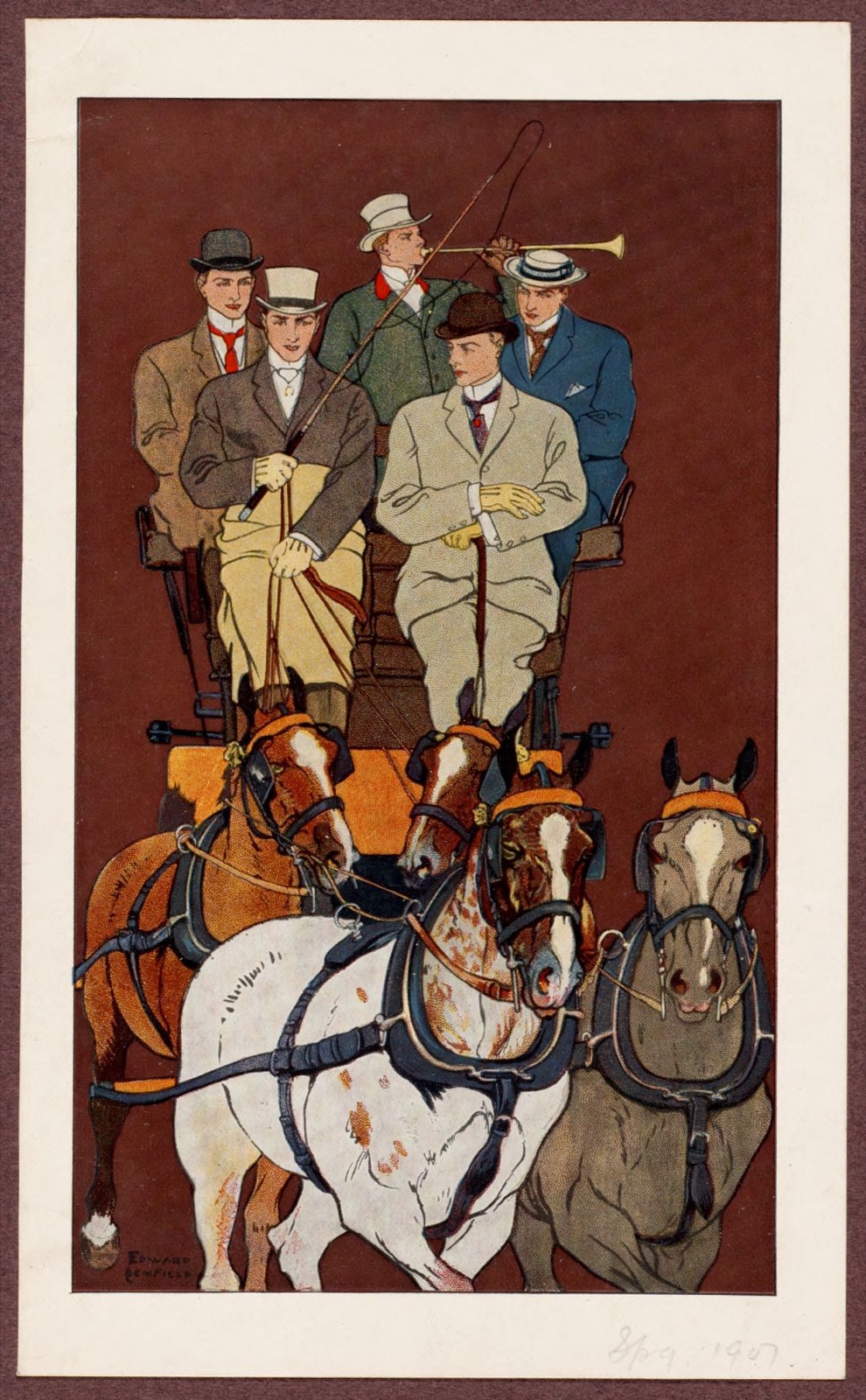 Five men riding in a carriage drawn by four horses — Penfield, Edward, 1866-1925 (Artist)
