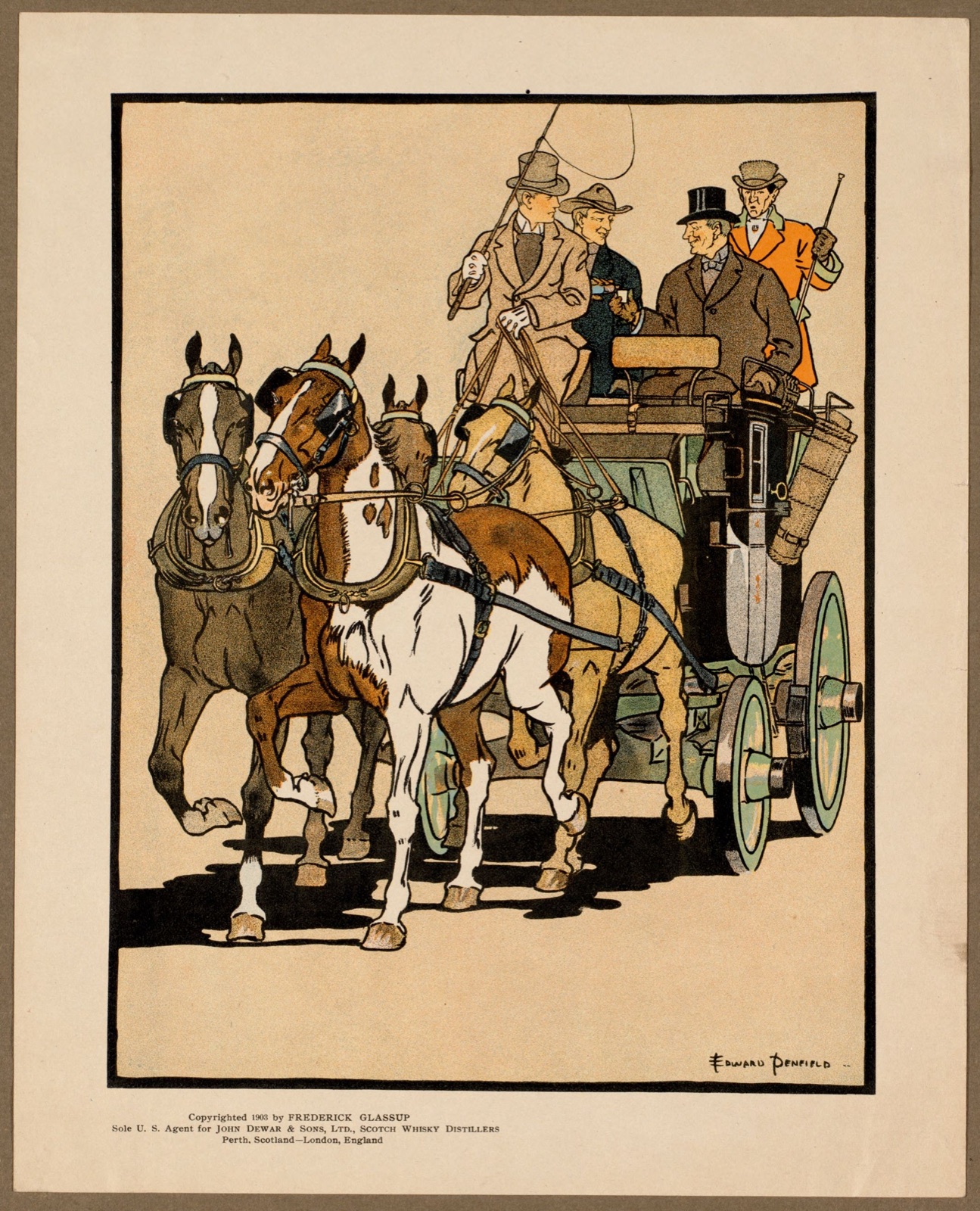Four men riding on top of a carriage being drawn by four horses — Penfield, Edward, 1866-1925 (Artist)