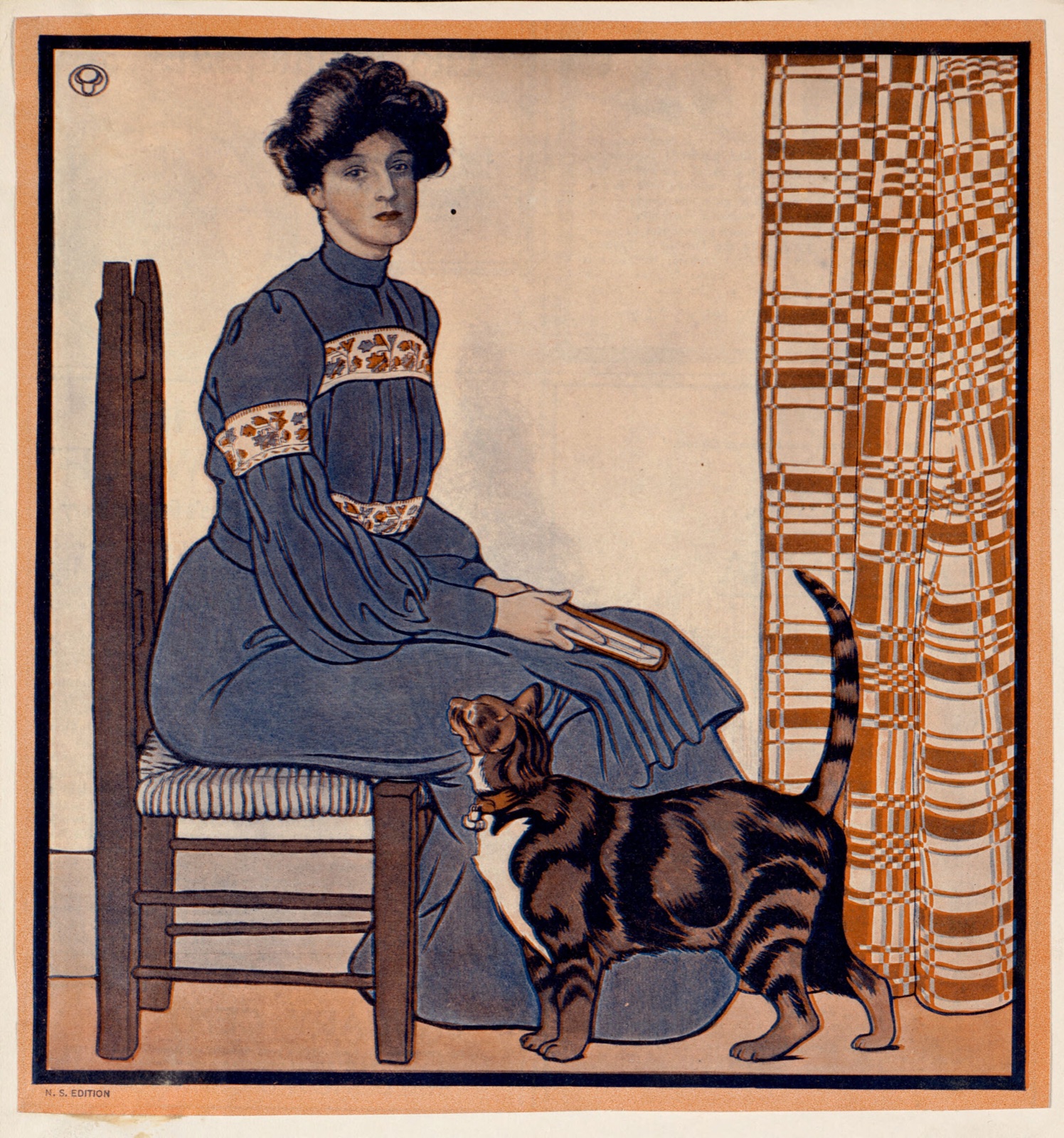 Woman sitting on a chair holding a book with a cat looking on. — Penfield, Edward, 1866-1925 (Artist)