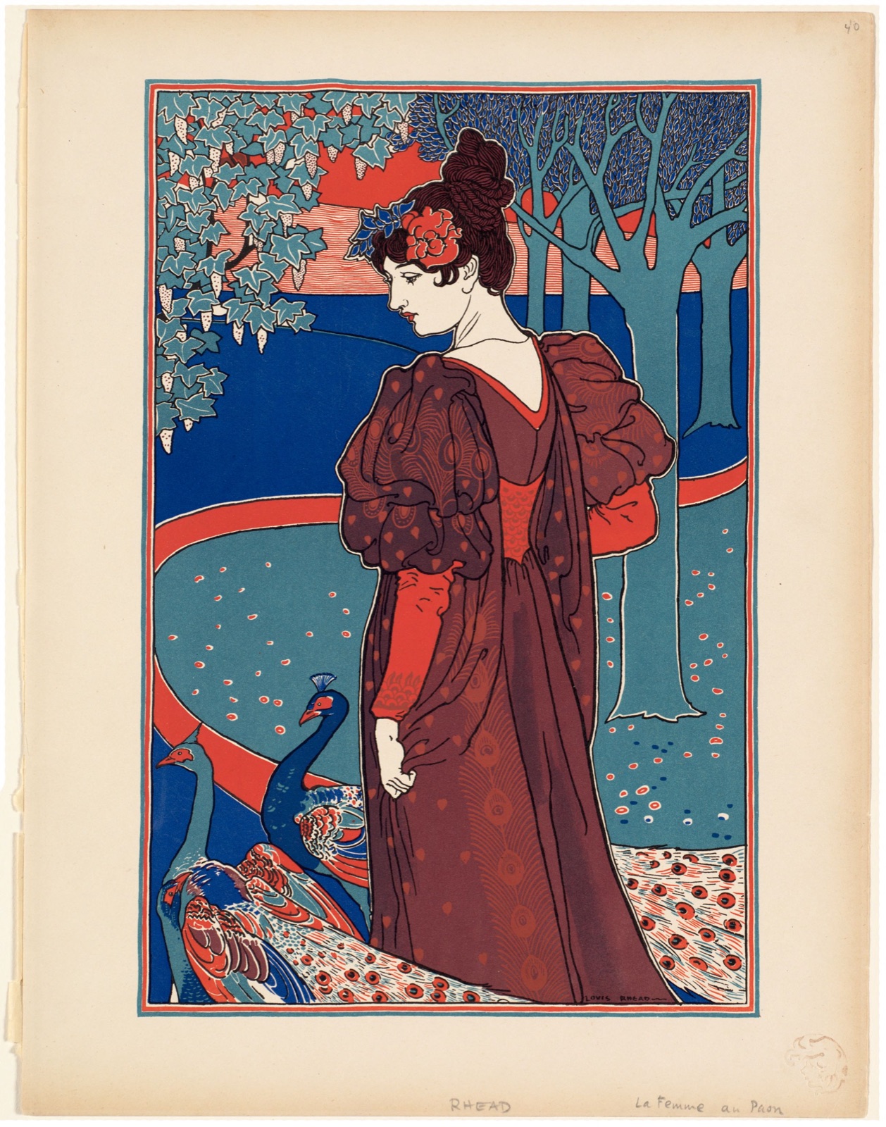 A woman stands looking at two peacocks. — Rhead, Louis, 1857-1926 (Artist)