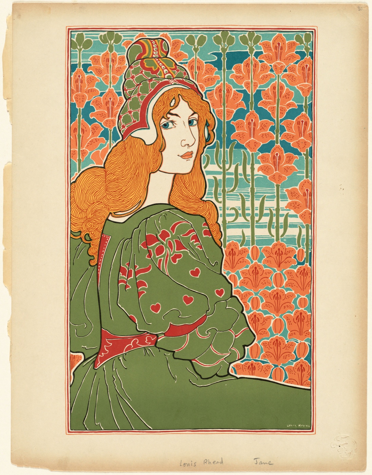 Woman looking over her shoulder with stylized flowers in the background — Rhead, Louis, 1857-1926 (Artist)