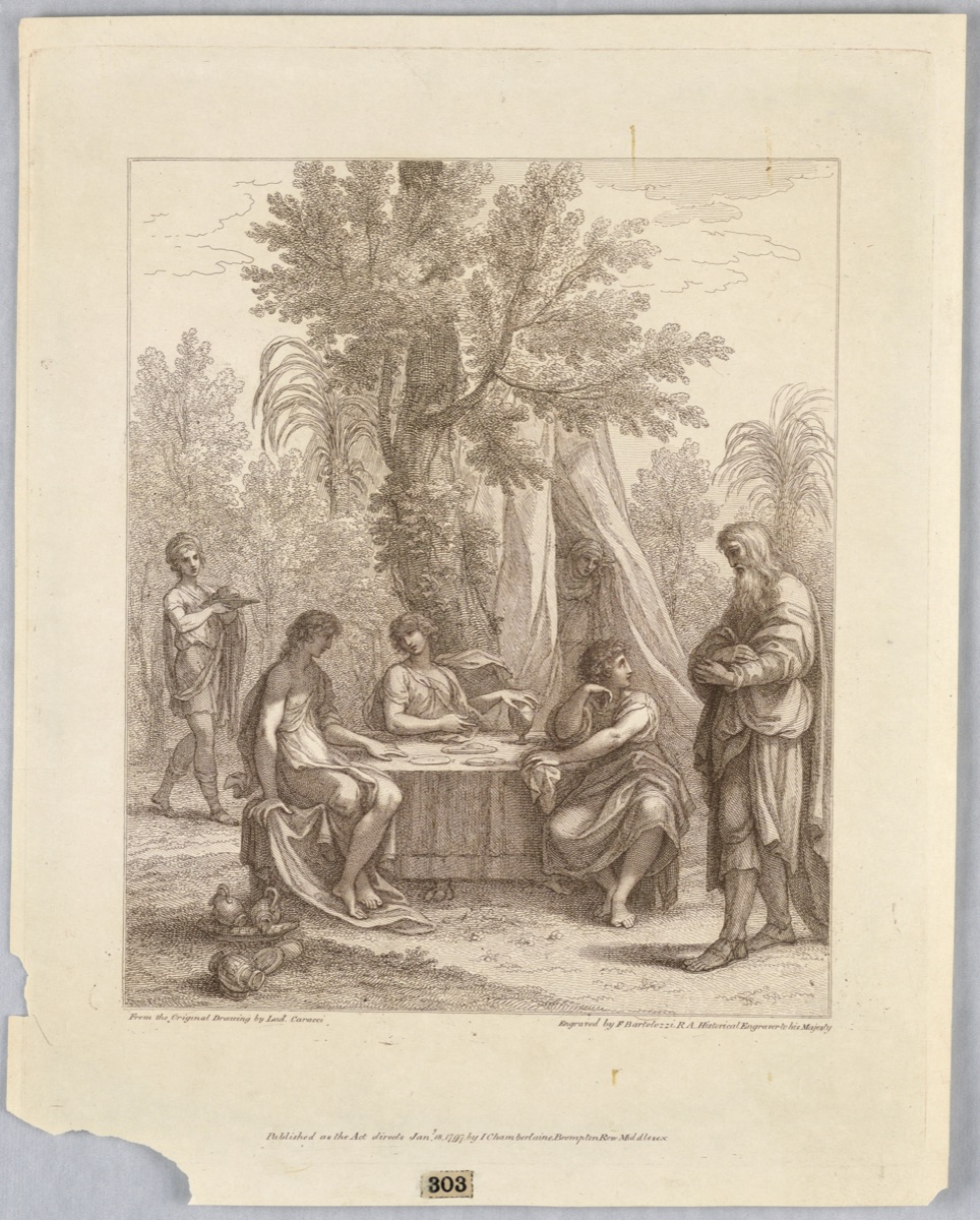 Abraham Entertaining Three Angels — Francesco Bartolozzi, Italian, active England, 1727–1815; John Chamberlaine, English, 1745 - 1812