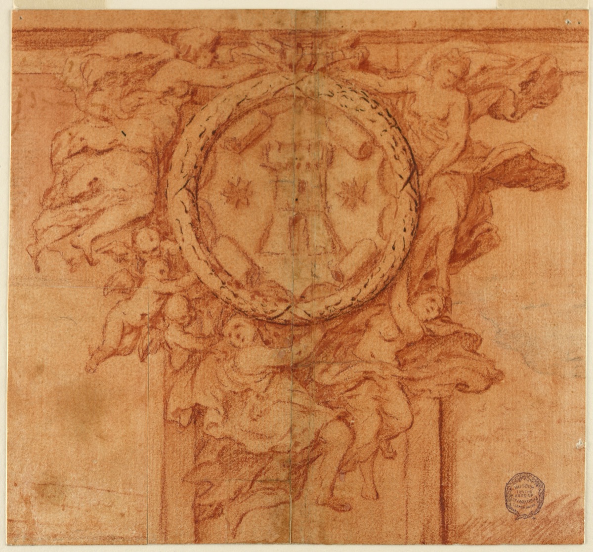 Project for a wall decoration (Female figures and putti support medallion with coat of arms) — Luca Giordano, Italian, 1634 - 1705