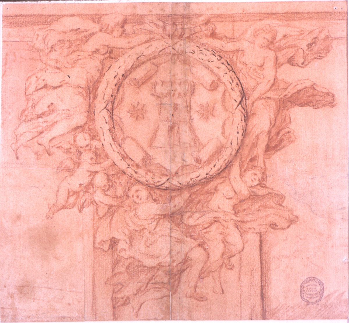 Project for a wall decoration (Female figures and putti support medallion with coat of arms) — Luca Giordano, Italian, 1634 - 1705