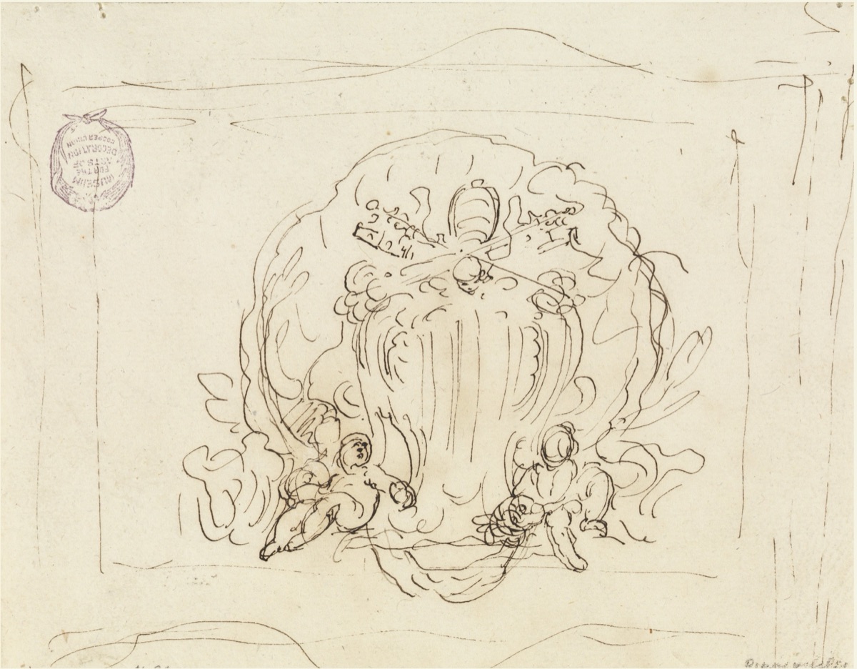 Tablet bearing the coat of arms of Pope Benedict XIV with shell as background — Filippo Marchionni, Italian, 1732–1805
