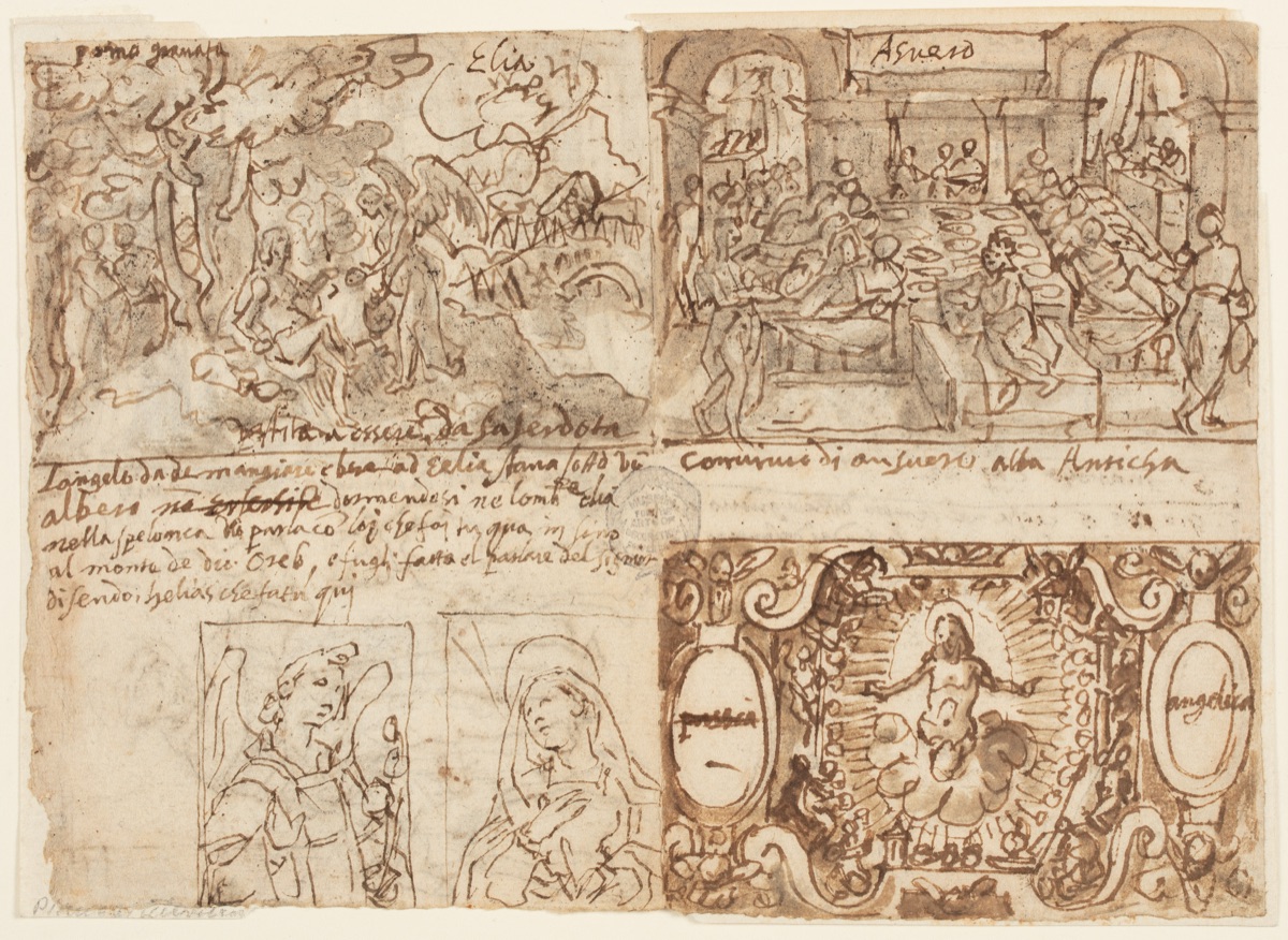 Wooded Landscape with Elijah Awakened and Nourished by an Angel on Mount Horeb [above left]; Annunciation [below left]; The Banquet of King Ahasuerus [above right]; Christ Surrounded by Angels with the Arma Christi [below right]. — Jan van der Straet, called Stradanus, Flemish, 1523–1605