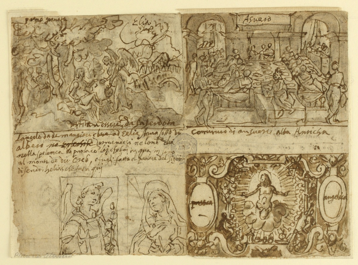 Wooded Landscape with Elijah Awakened and Nourished by an Angel on Mount Horeb [above left]; Annunciation [below left]; The Banquet of King Ahasuerus [above right]; Christ Surrounded by Angels with the Arma Christi [below right]. — Jan van der Straet, called Stradanus, Flemish, 1523–1605