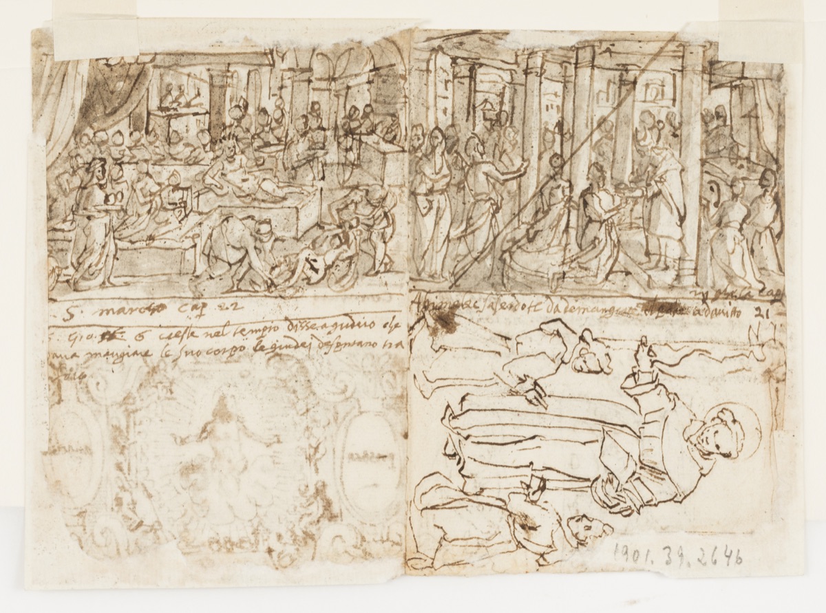 Wooded Landscape with Elijah Awakened and Nourished by an Angel on Mount Horeb [above left]; Annunciation [below left]; The Banquet of King Ahasuerus [above right]; Christ Surrounded by Angels with the Arma Christi [below right]. — Jan van der Straet, called Stradanus, Flemish, 1523–1605