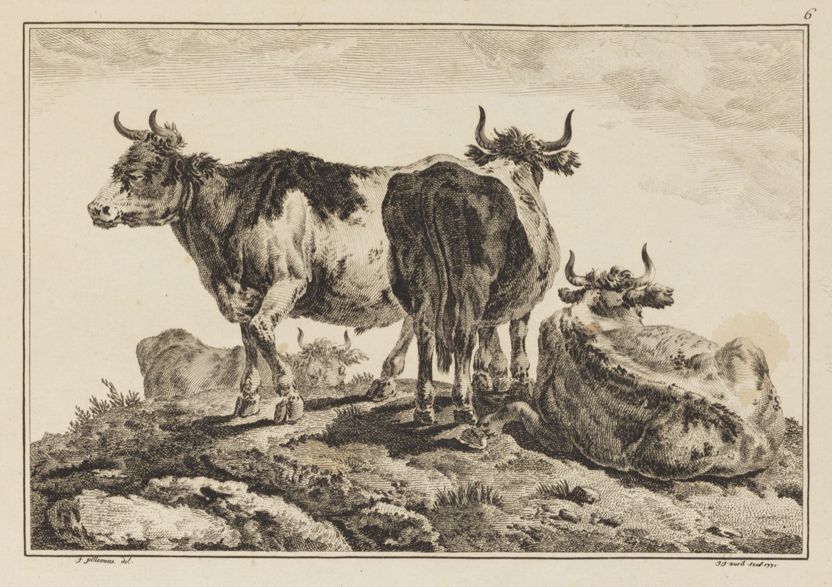 Plate 6, from "Cahier de Six Feuilles de Boeufs et Vaches" — Jean-Baptiste Pillement, French, 1728–1808; Jean-Jacques Avril the Elder, French, 1744 - 1831
