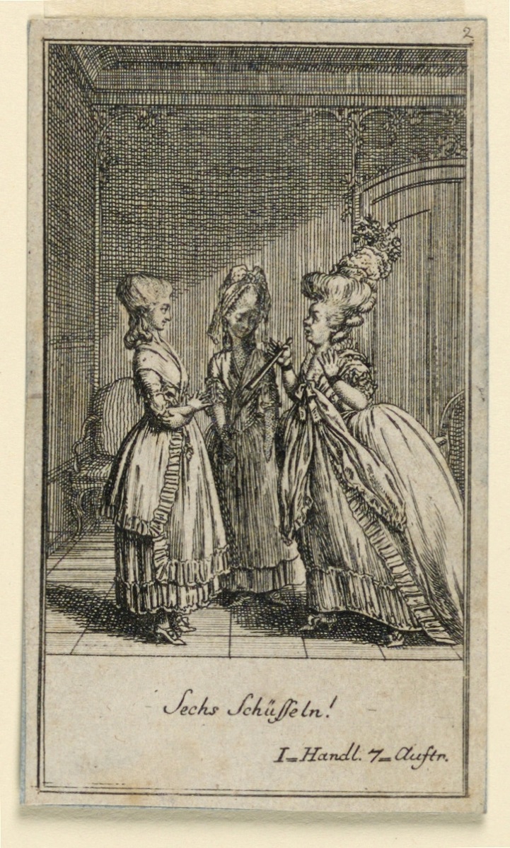 An Elderly Woman Scolding a Girl, Illustration of the Play "Nicht mehr als sachs Schuesseln" by Fredrich Wilhelm Grossman in "Königl: Grosbrit [anische] Genealogischer Kalender auf das 1782 Jahr Lauenberg bey J.G. Berenberg" — Daniel Nikolaus Chodowiecki, German, 1726 - 1801