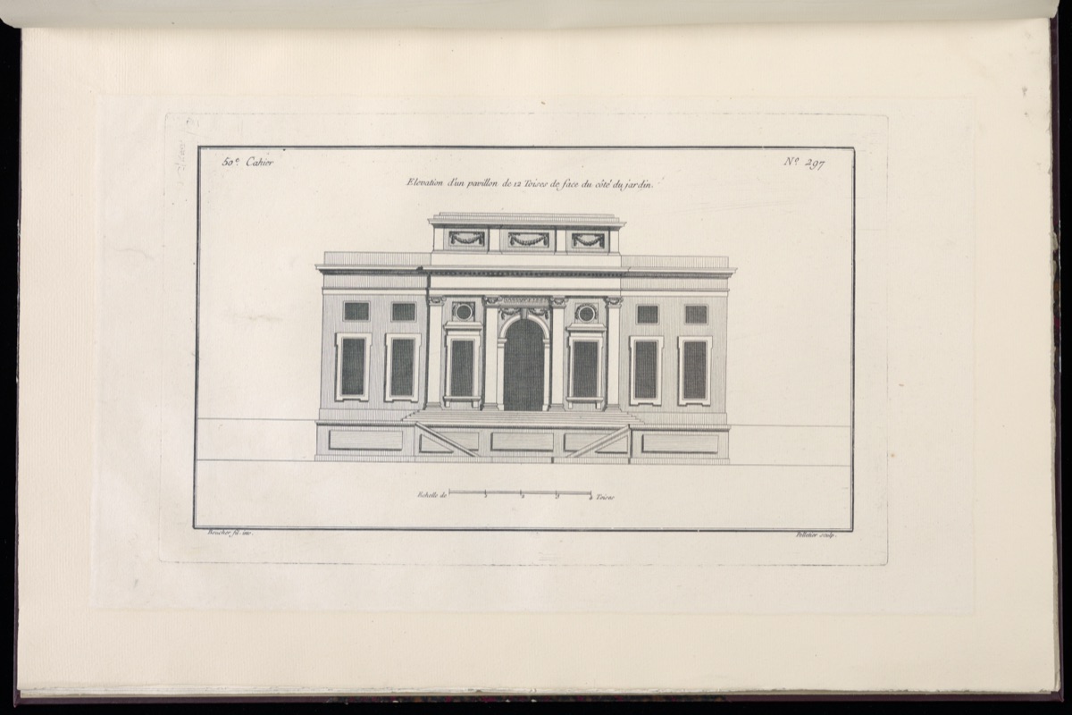 Elevation d'un pavillon de 12 toises de face du côté du jardin — Juste-François Boucher, French, 1736 – 1782; Jean Pelletier, French, born ca. 1736; Charles Le Pere, French, active 1772 – 1777; Pierre-Michel Avaulez, French, active 1772 – d. 1777; Le Père et Avaulez, Paris, 1772–1777