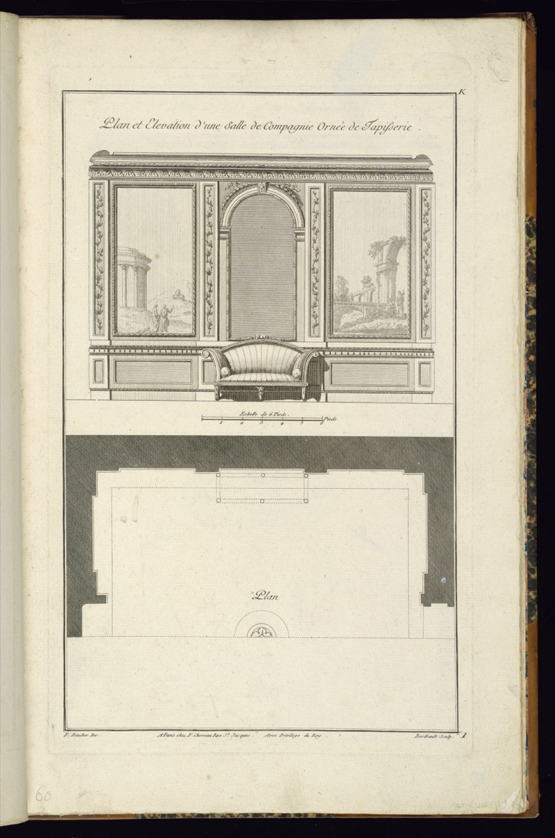 Plan et Elevation d'une Salle de Compagnie Ornée de Tapisserie — Juste-François Boucher, French, 1736 – 1782; Pierre-Gabriel Berthault, French, 1737–1831; Jacques-François Chéreau, French, 1742–1794