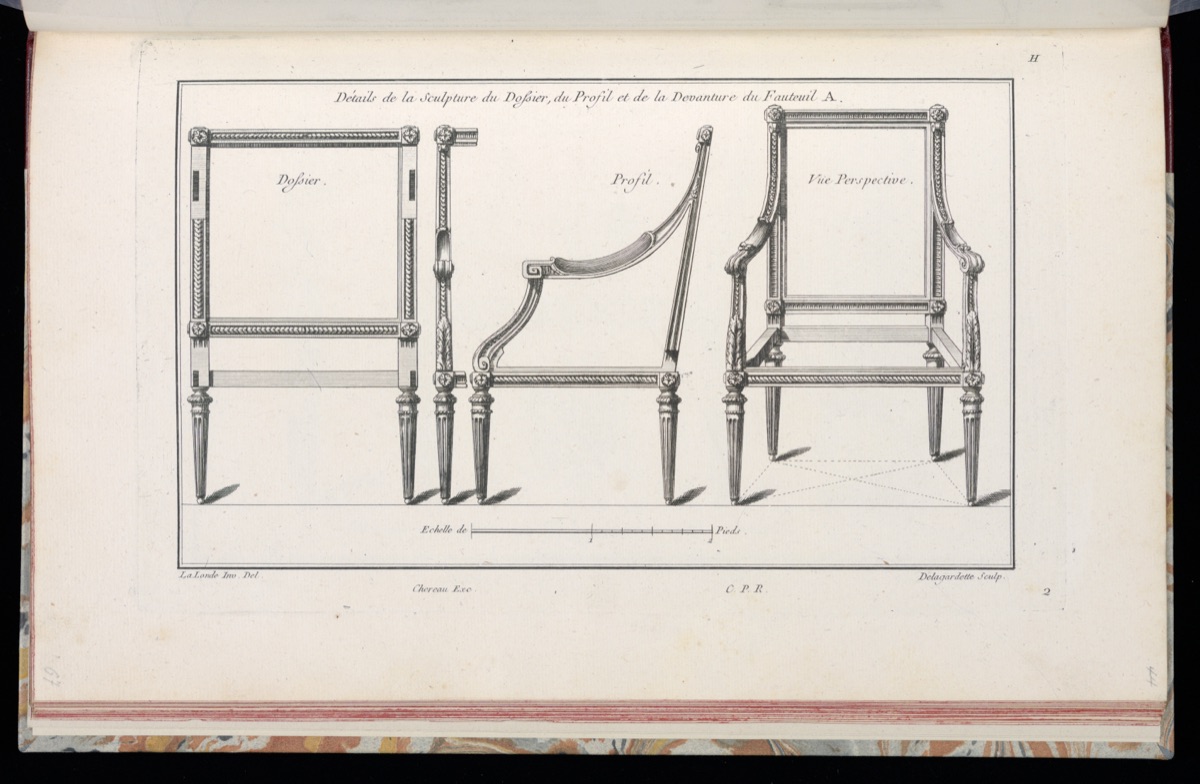 Détails de la Sculpture du Dossier, du Profil, et de la Devanture du Fauteuil A — Richard de Lalonde, French, active 1780–96; Pierre Claude Delagardette, French, 1745 - 1792; Jacques-François Chéreau, French, 1742–1794