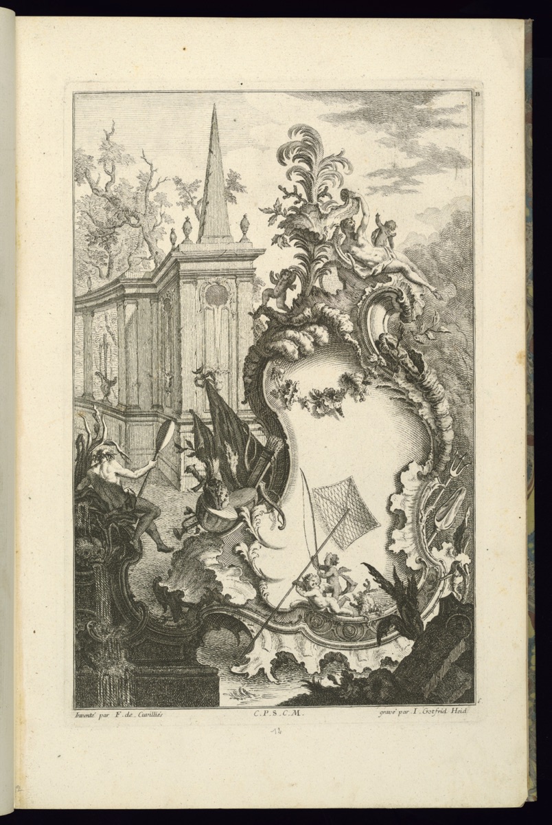 Design for Fountain with Two Putti with a Fishing Net — François de Cuvilliés the Elder, Belgian, 1695 - 1768; Georg Siegmond Roesch; Nicolas-Jean-Baptiste Poilly, de, French, 1707 – 1780