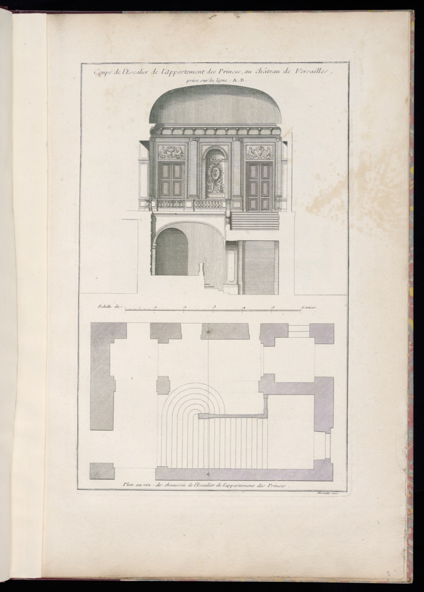 Coupe de l’Escalier de l’Appartement des Princes, au Château de Versailles / Plan au rez-de-chaussée de l’Escalier de l’appartement des Princes — Jean Mariette, French, 1660–1742