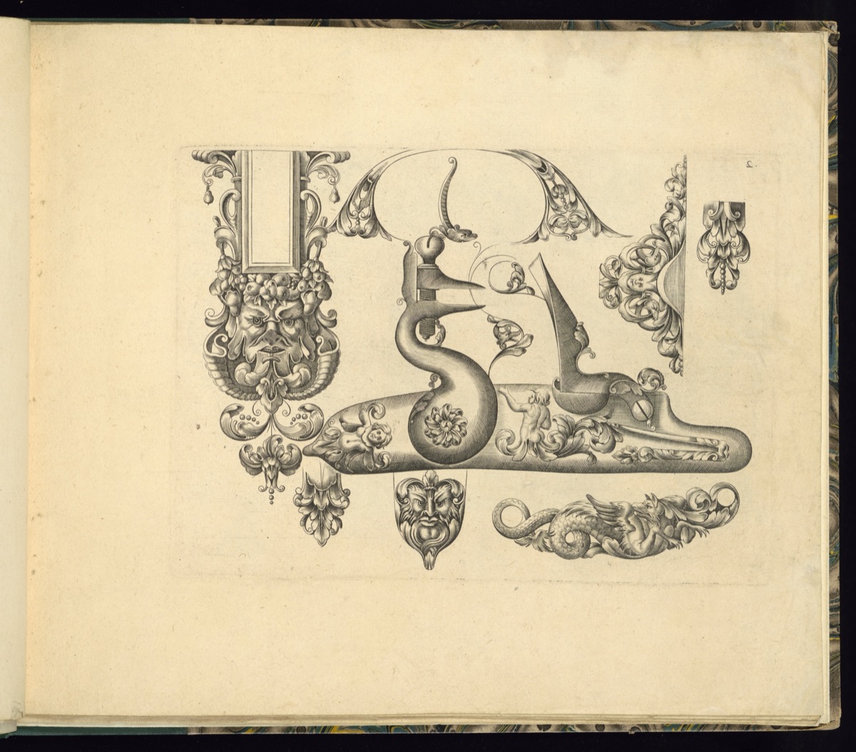 Designs for Gun Parts and Ornament — Thobie Tourneur, Le Thuraine, French, active ca. 1630 – ca. 1690; Adrien Reynier, the Elder, Dutch, b. ca.1630; C. Jacquinet, French, active 1650 – 1660; Thobie Tourneur, Le Thuraine, French, active ca. 1630 – ca. 1690; Adrien Reynier, the Elder, Dutch, b. ca.1630