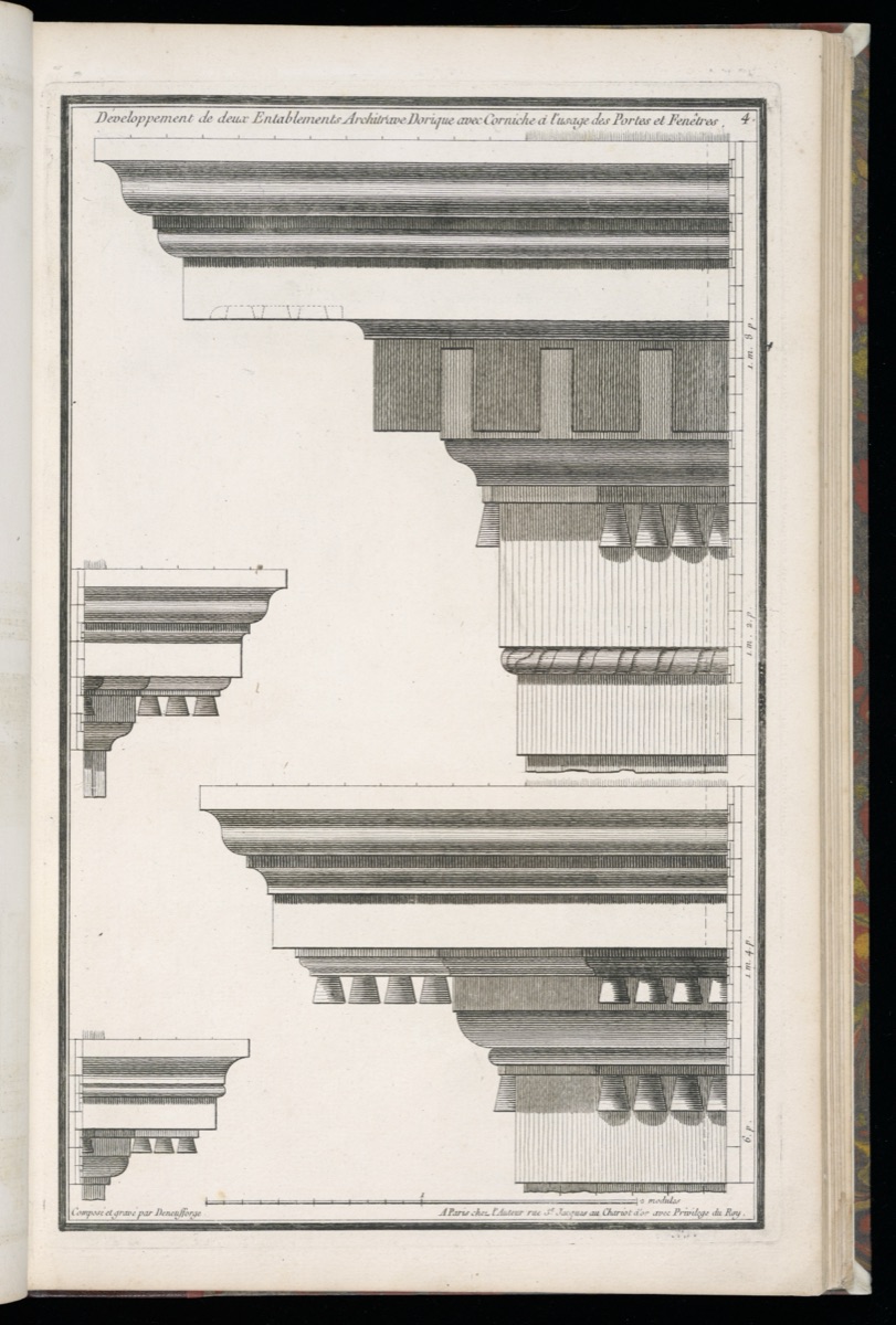 Developpement de deux Entablements Architrave Dorique avec Corniche à l'usage des Portes et Fenêtres — Jean-François de Neufforge, Flemish, 1714–1791; Jean-François de Neufforge, Flemish, 1714 – 1791; Jean-François de Neufforge, Flemish, 1714–1791