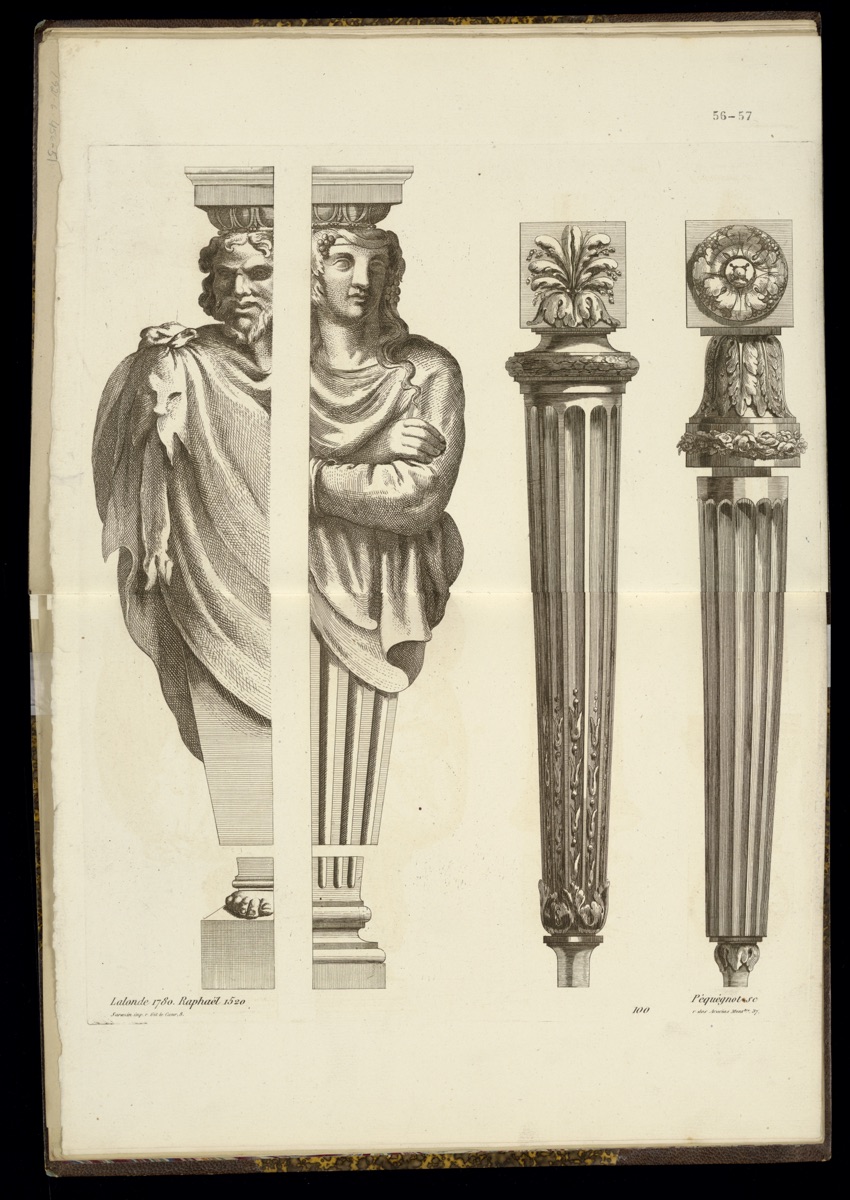 Designs for Two Telamons (Atlantides) and Two Furniture Legs — Richard de Lalonde, French, active 1780–96; Raphael, Italian, 1483–1520; Auguste Péquégnot, French, 1819 – 1878; Sarazin, French, 1846 – 1880; Pierron, French, active 1849 – 1866