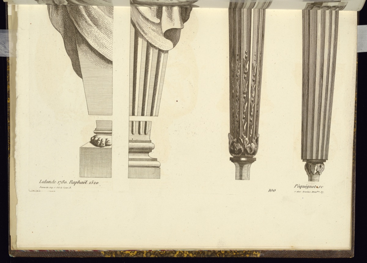 Designs for Two Telamons (Atlantides) and Two Furniture Legs — Richard de Lalonde, French, active 1780–96; Raphael, Italian, 1483–1520; Auguste Péquégnot, French, 1819 – 1878; Sarazin, French, 1846 – 1880; Pierron, French, active 1849 – 1866
