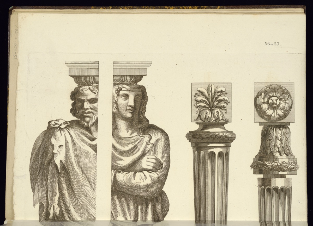 Designs for Two Telamons (Atlantides) and Two Furniture Legs — Richard de Lalonde, French, active 1780–96; Raphael, Italian, 1483–1520; Auguste Péquégnot, French, 1819 – 1878; Sarazin, French, 1846 – 1880; Pierron, French, active 1849 – 1866
