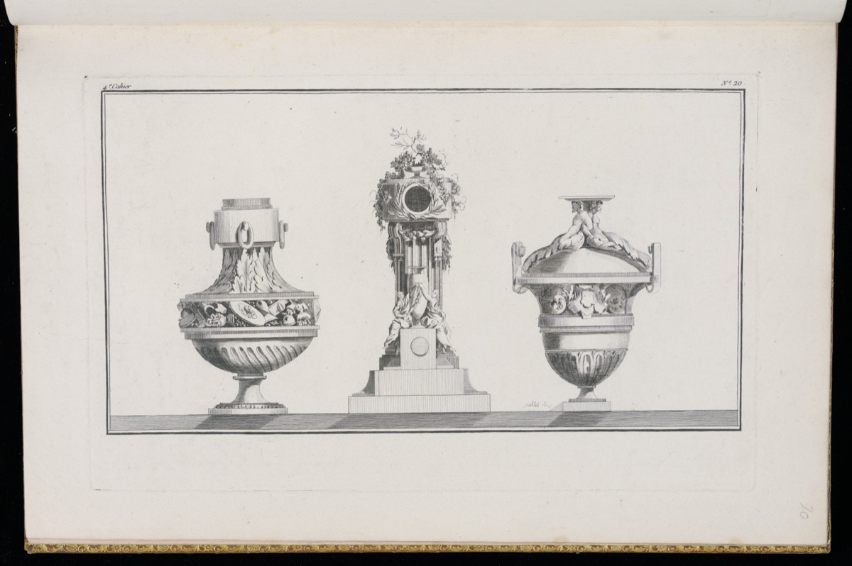 Designs for Two Vases and a Clock Case — Henri Sallembier, French, ca. 1753 - 1820; Jacques Juillet, French, 1739- after 1784; Émilie-Louise Avaulez, French, active 1777 – 1779; Pierre-Michel Avaulez, French, active 1772 – d. 1777