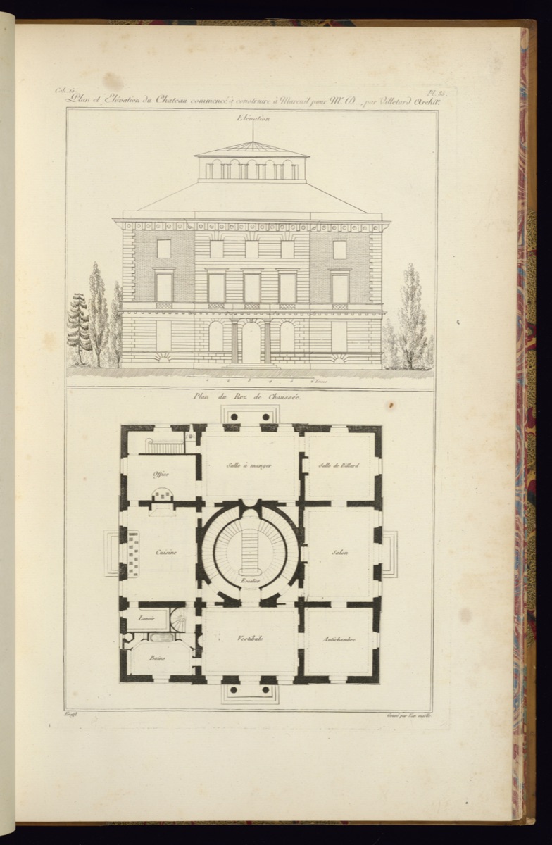 Plan et Elévation du Chateau commence à construire à Mareuil pour Mr. D…, par Villetard Archite — Jean-Charles Krafft, French, 1764 - 1833; Van Maelle, French, active late 18th century; Jacques Louis Bance, French, 1761 – 1847; Adrien-Georges Crapelet, French, 1789 – 1842
