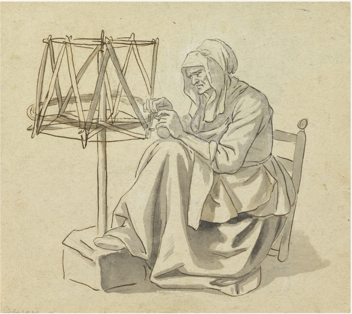 An Old Woman Spinning — Claude-Louis Desrais, French, 1746–1816