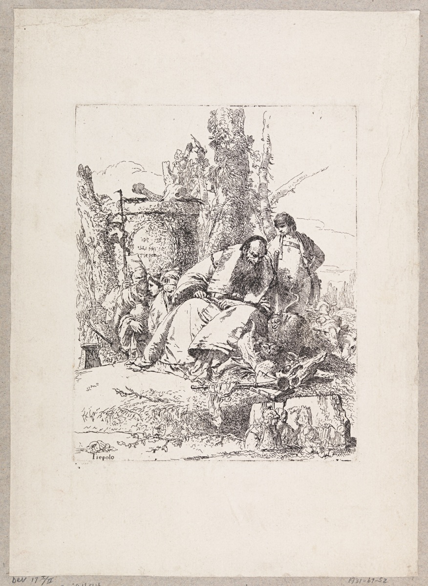 Seated Magus Observing Skulls, and Other Figures, plate 5 from the Scherzi di Fantasia — Giovanni Battista Tiepolo, Italian, 1692 - 1770