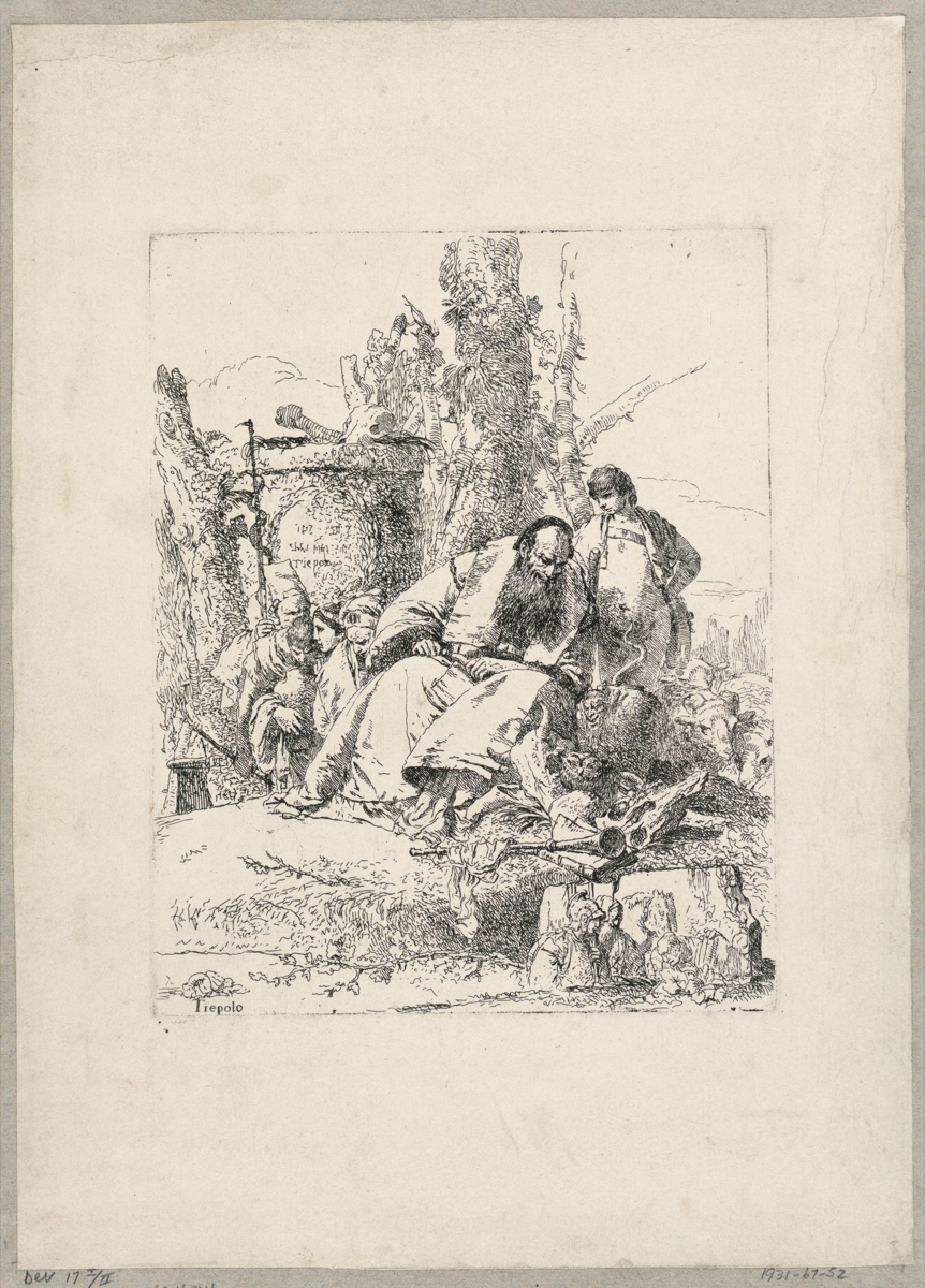 Seated Magus Observing Skulls, and Other Figures, plate 5 from the Scherzi di Fantasia — Giovanni Battista Tiepolo, Italian, 1692 - 1770