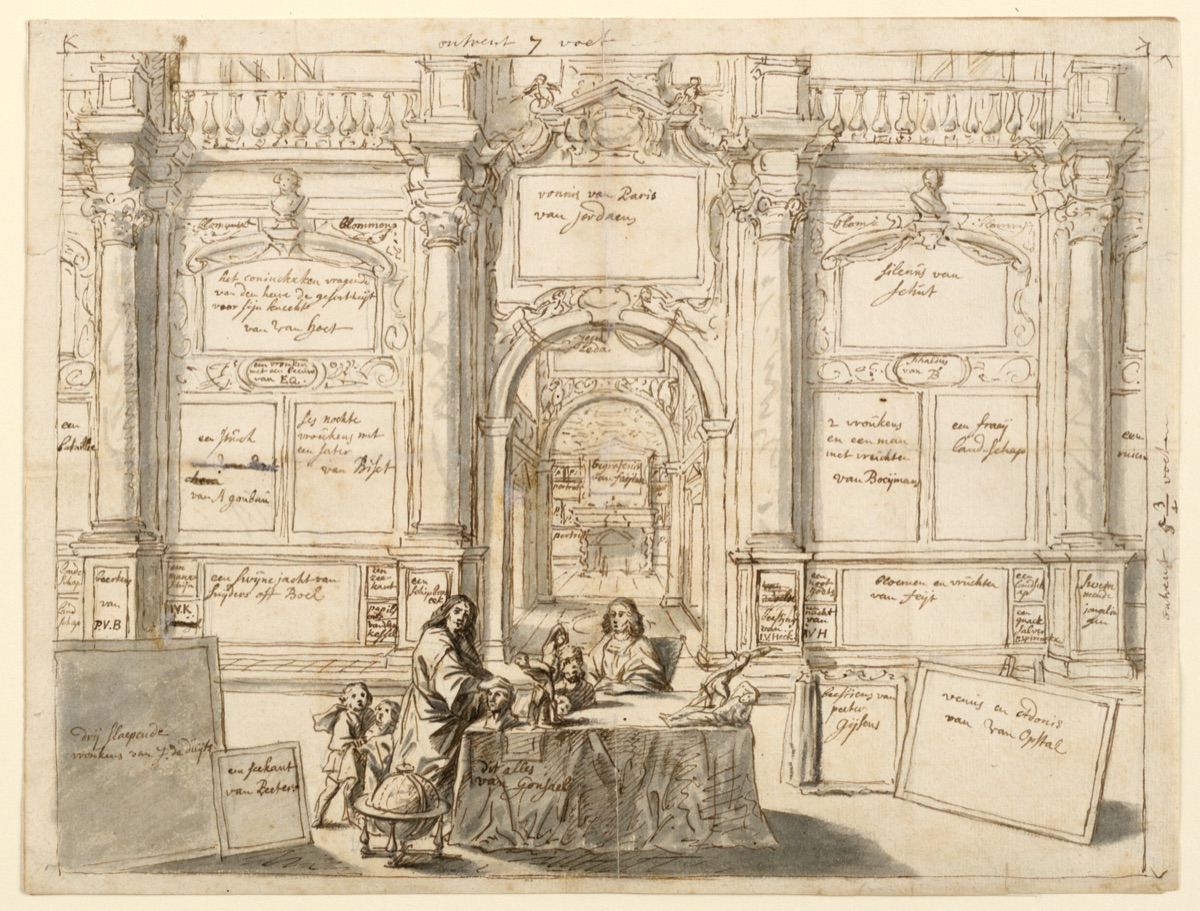 Diagram of a painting by Gonzales Coques and others, "Interior with Figures in a Picture Gallery," 1672 (Mauritshuis) — After Gonzales Coques, Flemish, 1614 - 1684