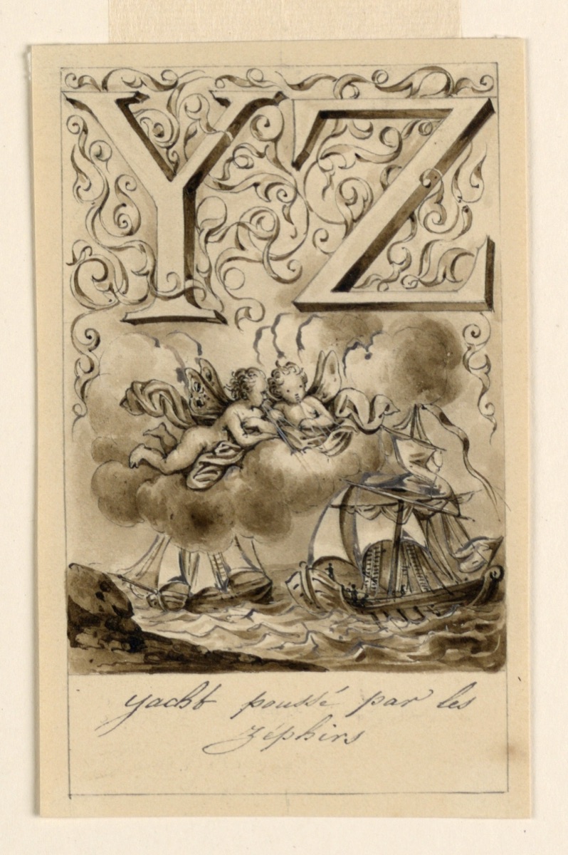 Design for the letters Y and Z of a primer: Yacht/ Zéphir (Yachts driven by Zephyrs) — Victor Vincent Adam, French, 1801 – 1866