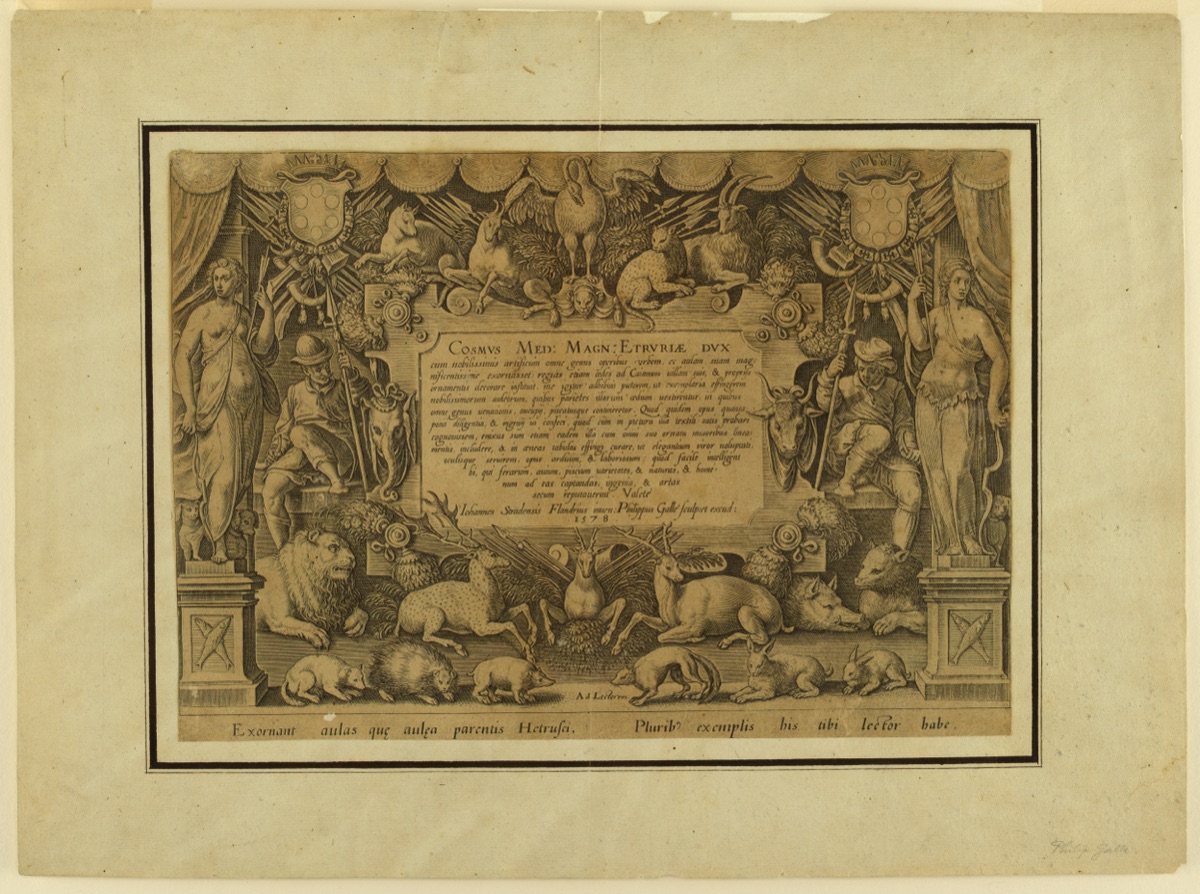 Dedicatory page of the set "Mediceae familiae rerum feliciter gestarum Victoria et triumphi" — Jan van der Straet, called Stradanus, Flemish, 1523–1605; Philip Galle, Flemish, 1537 - 1612