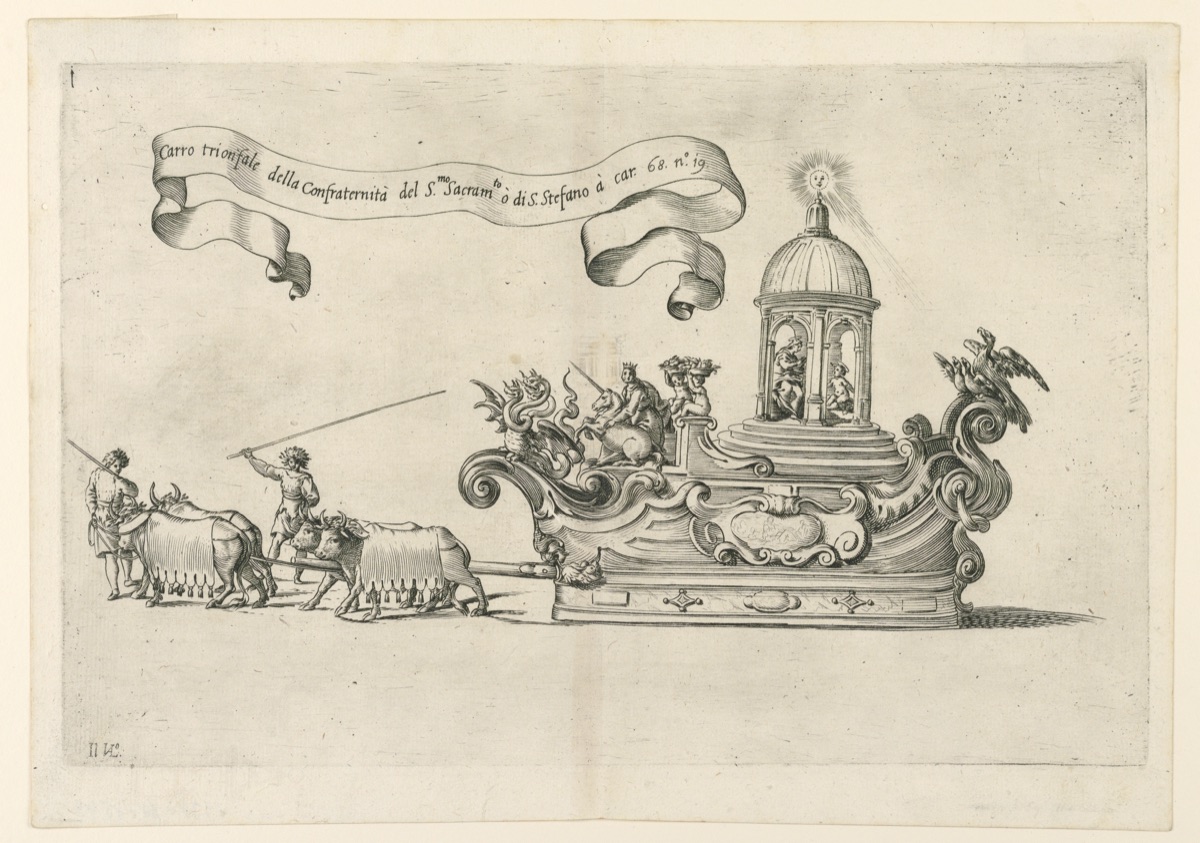 A parade float in Reggio, Italy: "Carro trionfale della Confraternità del S.to Sacrame.to di S. Stefano" (The Triumphal Carriage of the Confraternity of the Holy Sacrament of St. Stephen). Plate 2a from A. Isacchi, "Relatione di Alfonso Isachi intorno l'origine, solennità, traslatione, et miracoli della Madonna di Reggio [...]" published by Flaminio Bartoli, Reggio. — Giovanni Luigi Valesio, Italian, ca. 1583 - 1633