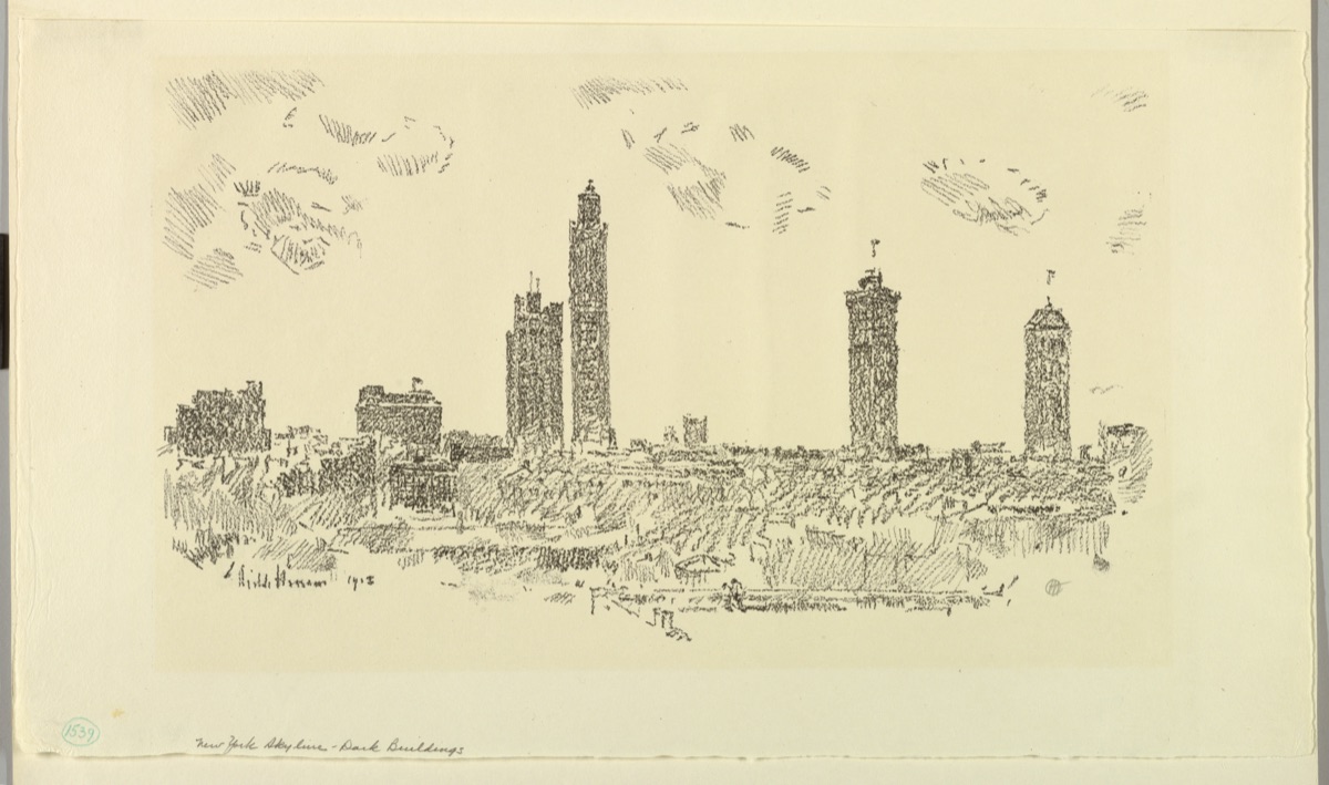 New York Skyline – Dark Buildings — Childe Hassam, American, 1859–1935